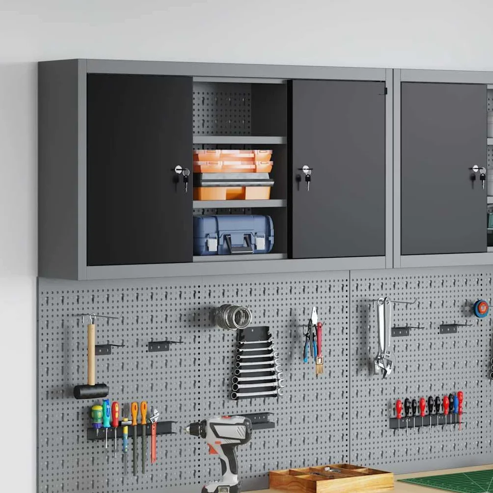 Szafka na narzędzia z regałem czarna i szara, 100 x 20 x 55 cm, stabilna metalowa szafka z zamkiem, regulowane półki do warsztatu, garażu, piwnicy i dla majsterkowiczów