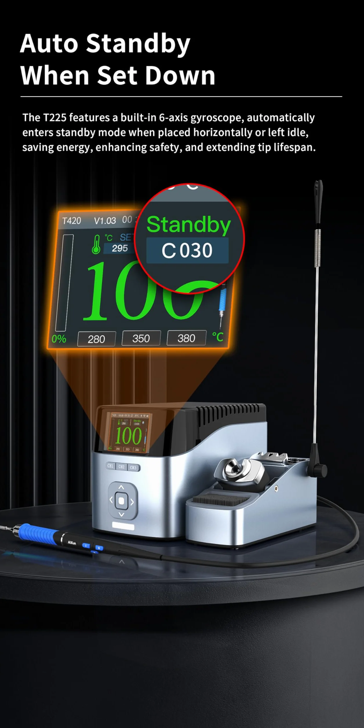 AiXun T420 dwukanałowa inteligentna stacja lutownicza 200 W, zestaw lutownicy elektrycznej 2 w 1 z uchwytem T225 i 3 końcówkami K do lutowania (C030, C080, C150)