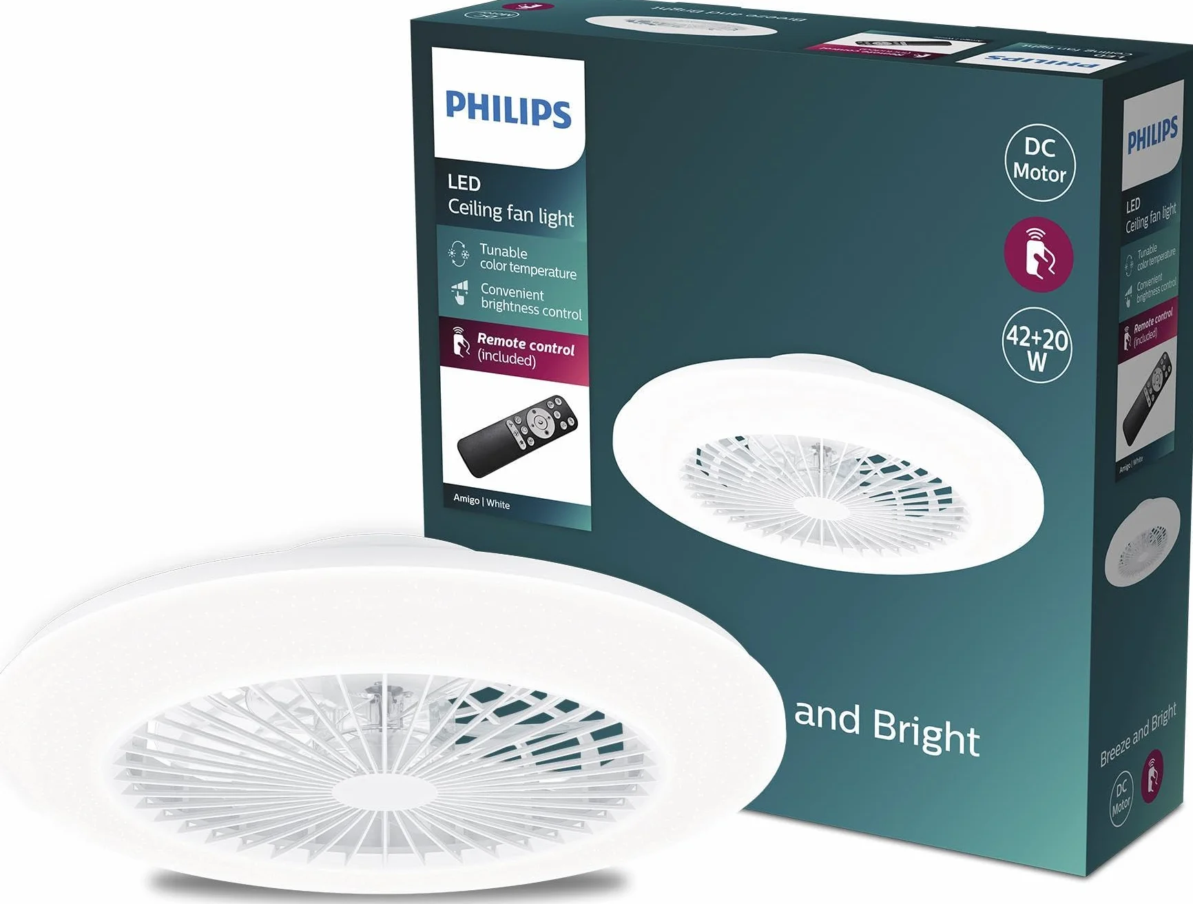 Philips Oprawa Sufitowa z Wentylatorem i Pilotem Amigo Fan Light Flat LED 25 W i 60 W, Biały