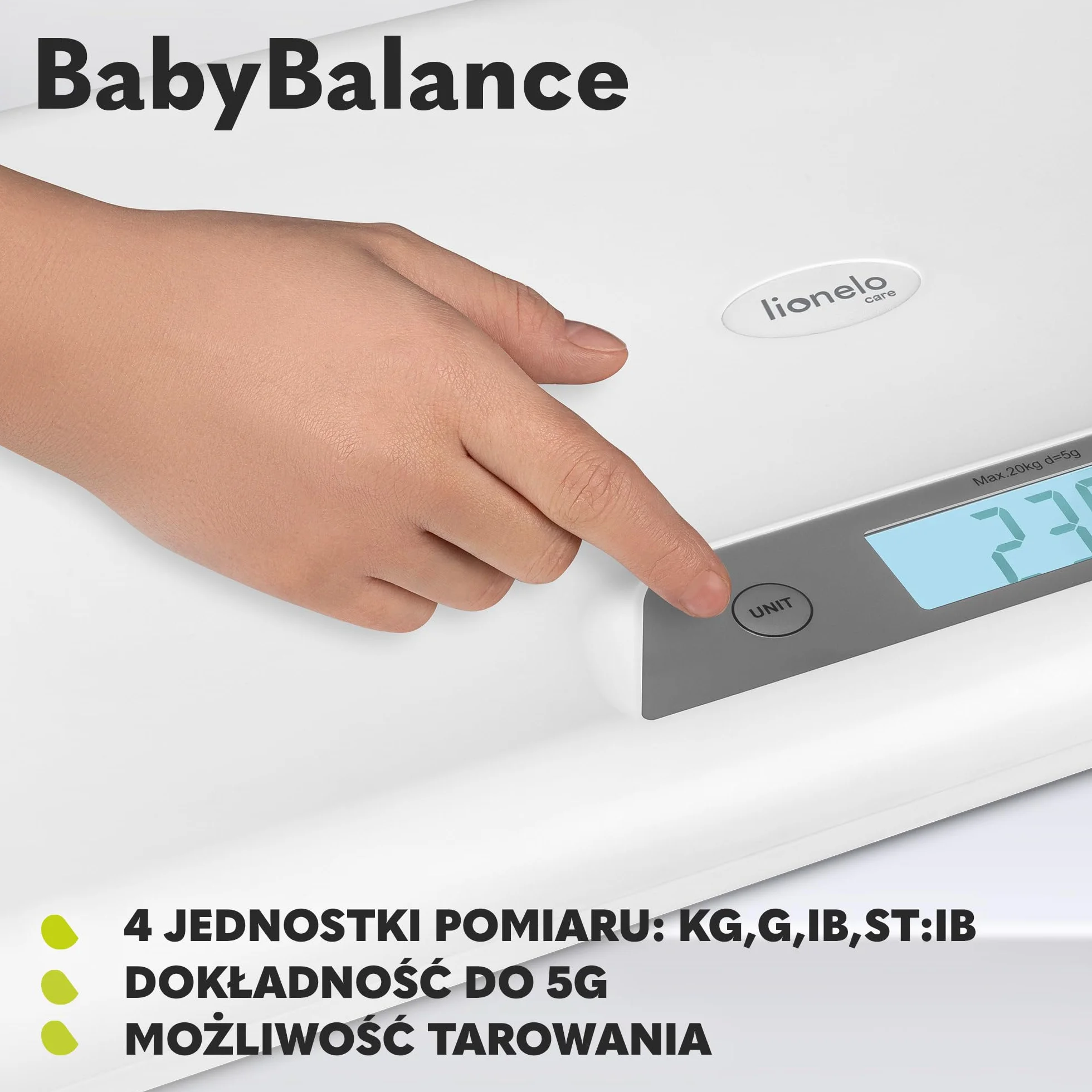 LIONELO BABYBALANCE waga elektroniczna dla niemowląt, waga do 20 kg, duży wyświetlacz, funkcja tarowania, przechowywanie ostatniego pomiaru, precyzyjne ważenie w odstępach co 5 g
