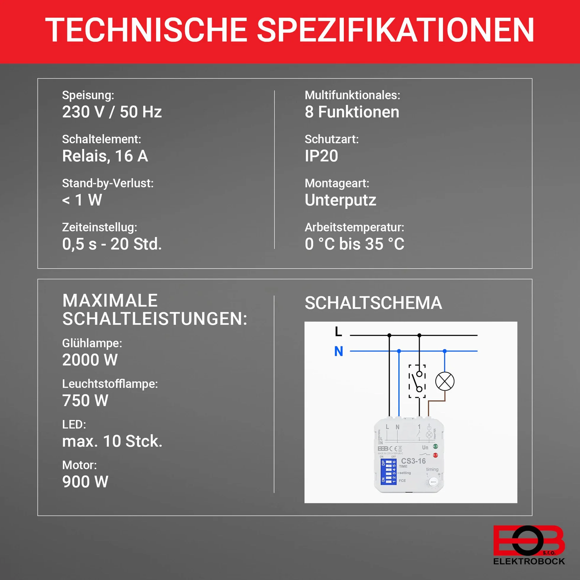 Elektrobock Wielofunkcyjny przekaźnik dobiegowy, podtynkowy, CS3-16