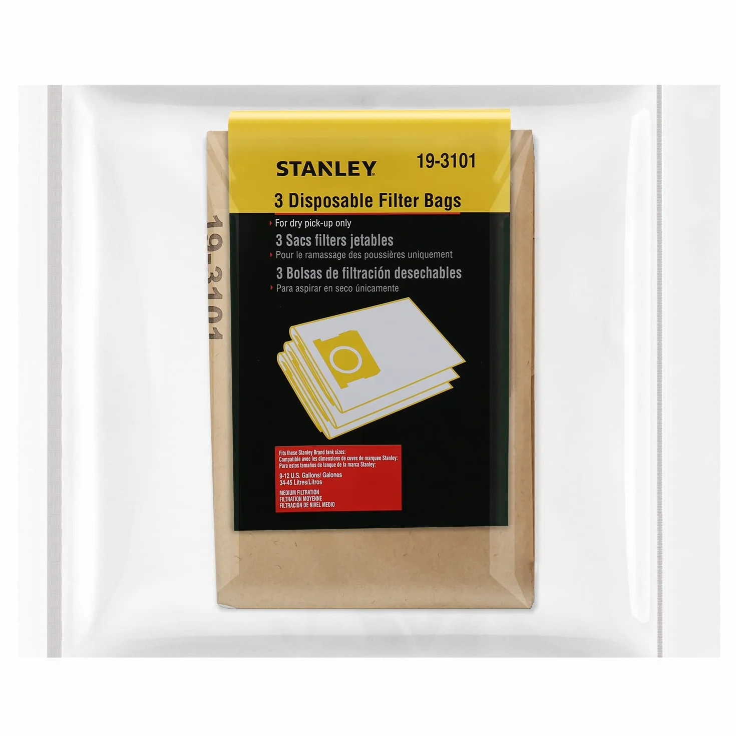 Stanley 19-3101 9-12 galon jednorazowy worek filtrujący do odkurzaczy mokrych/suchych, 3-pak