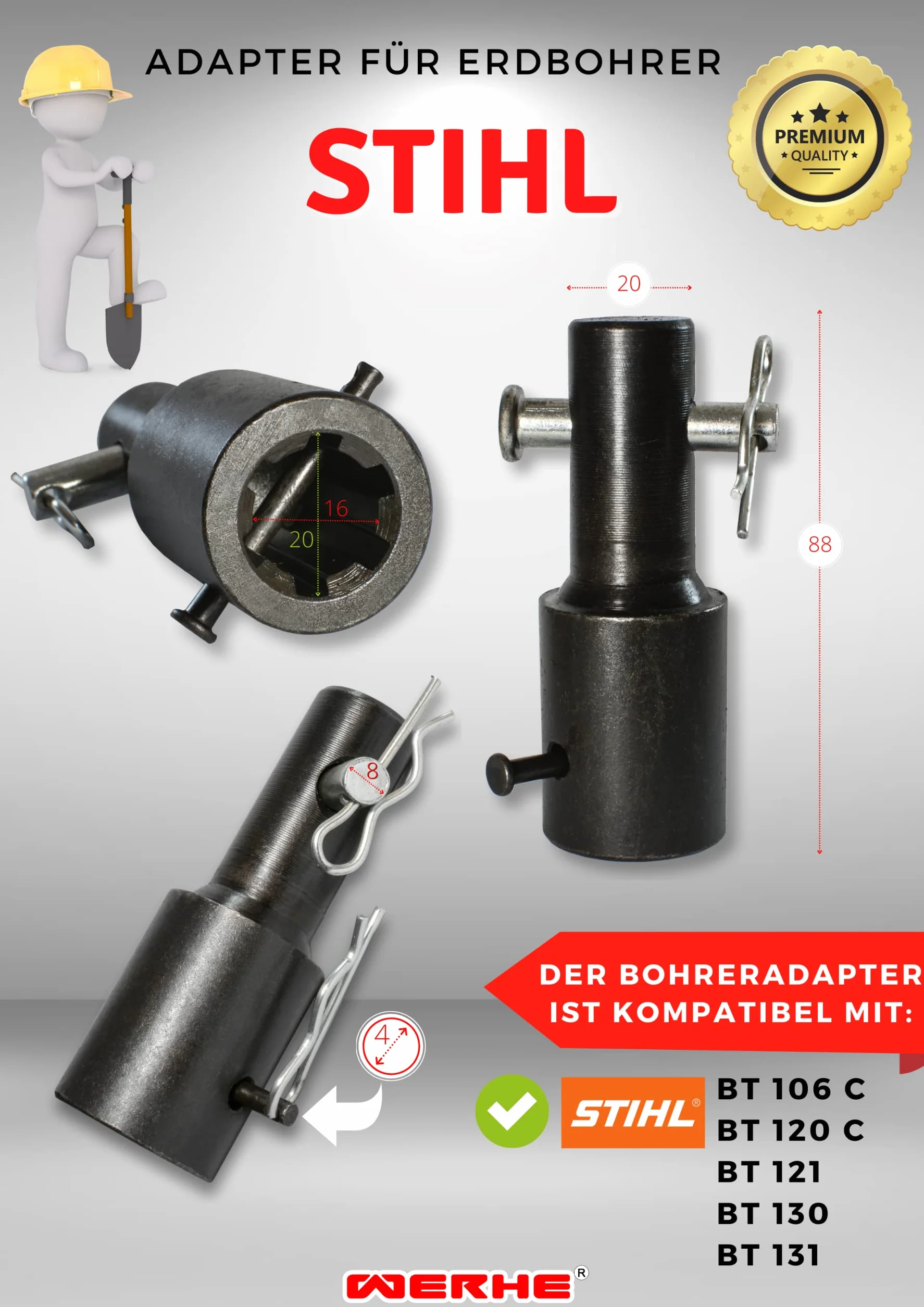 WERHE adapter do wierteł ziemnych STIHL BT 106 C, BT 120 C, BT 121, BT 130, BT 131 – Wysokiej jakości stal, uniwersalne zastosowanie