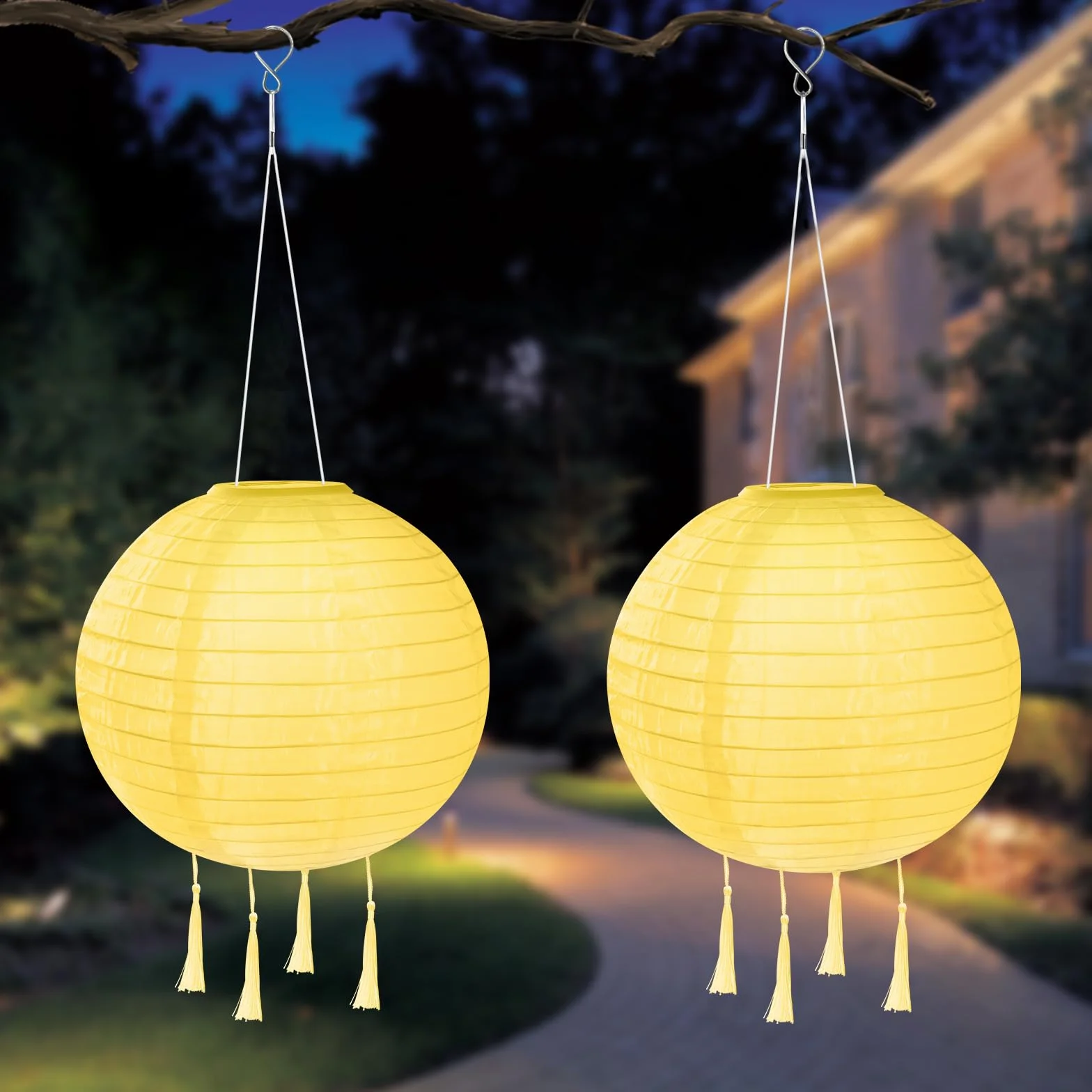 HOTUT Solarne Latarnie Zewnętrzne Odporne na Warunki Atmosferyczne, 2 sztuki 30 cm Solarna Latarnia LED z 4 chwostami, IP65 Wodoodporna Wisząca Latarnia Nylonowa do Ogrodów (Ciepła Biel)