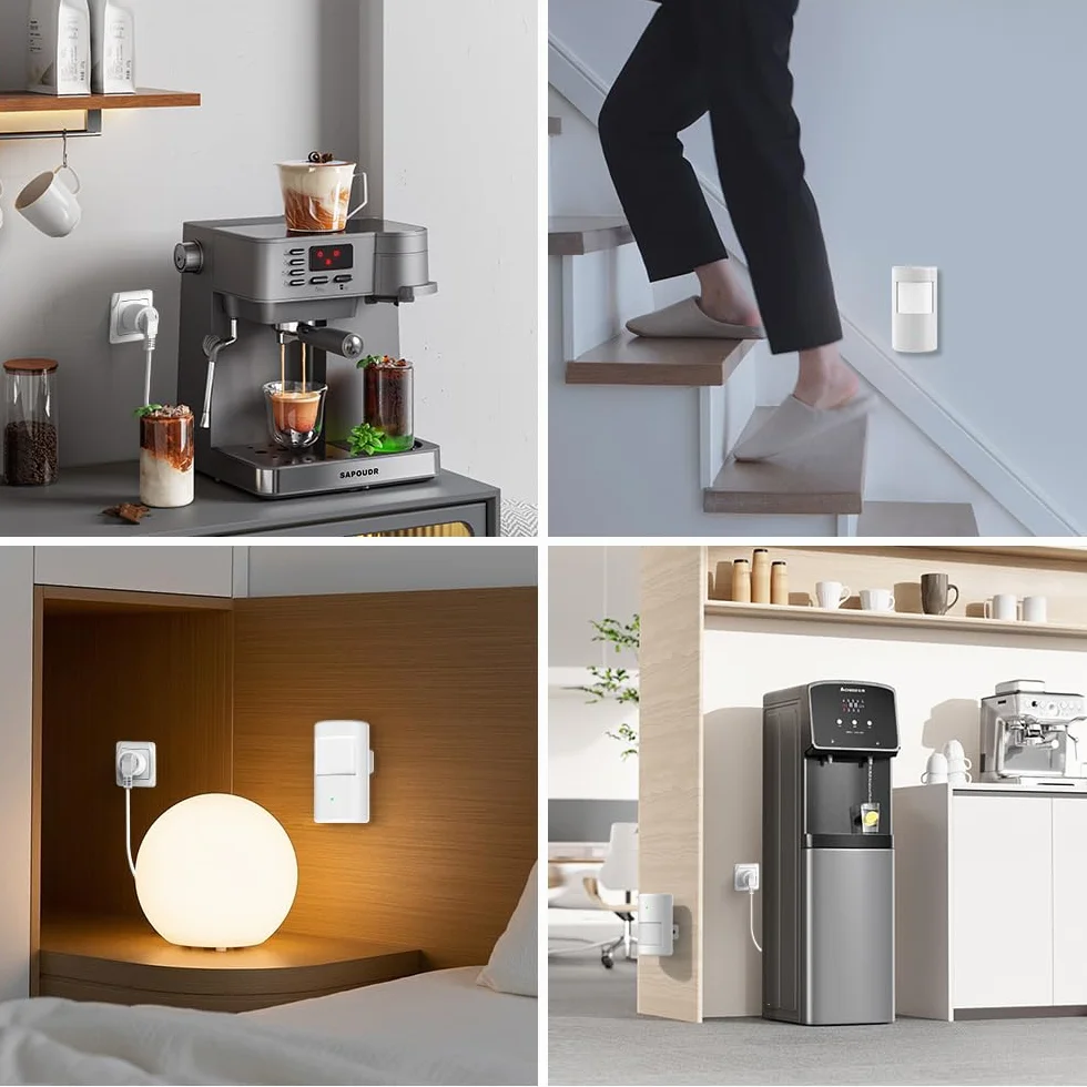 czujnik ruchu na podczerwień z gniazdami radiowymi, czujnik ruchu z czujnikiem światła, regulowane parametry, automatyczna aktywacja lamp i urządzeń do użytku wewnątrz i na zewnątrz