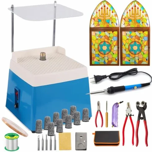 Kompletny zestaw startowy do witraży z młynkiem, nożem do szkła, lutownicą, taśmą miedzianą i akcesoriami - idealny dla początkujących i hobbystów