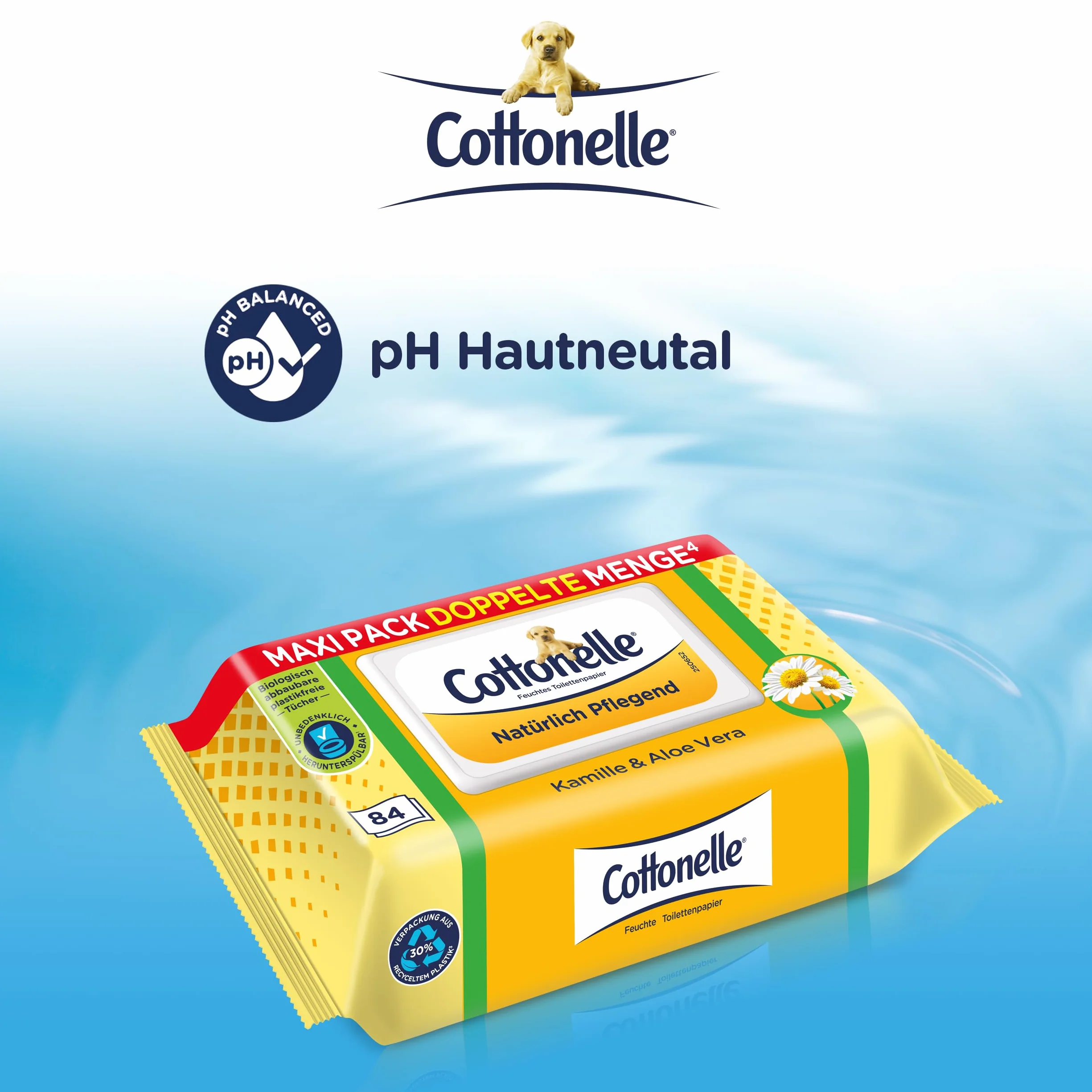 Cottonelle Wilgotny papier toaletowy, naturalnie pielęgnujący – rumianek i aloes, biodegradowalny, nie zawiera plastiku, możliwość ponownego zamknięcia, 1 x 84 chusteczki nawilżane (pojedyncze
