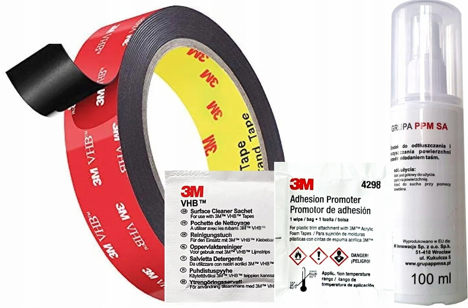 3M VHB 5952 Dwustronna taśma akrylowa mocna gr. 1,1mm + zestaw do przygotowania powierzchni (25mmx3m)