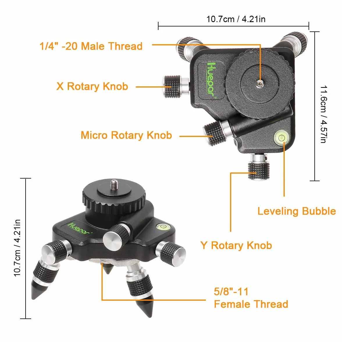 Huepar AT2 360° Adapter Drehbarer Einstellbarer Stativanschluss für Kreuzlinienlaser, mit 1/4"-20 Außengewinde und Horizontaler Blase, Manuell betriebenes Mikro - Feineinstellbare Drehbasis Einstellen
