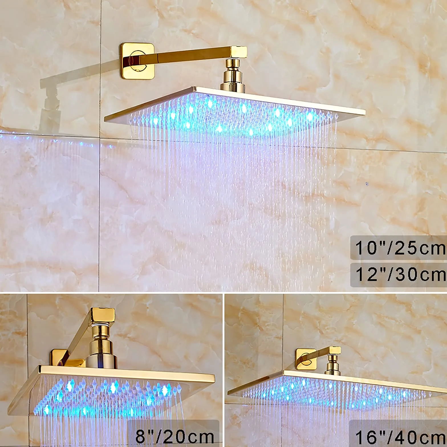 Zestaw prysznicowy z systemem LED, wylewka do wanny, kwadratowa głowica prysznicowa z efektem deszczu, słuchawka prysznicowa, instalacja sufitowa, armatura łazienkowa, 40 cm (16 cali
