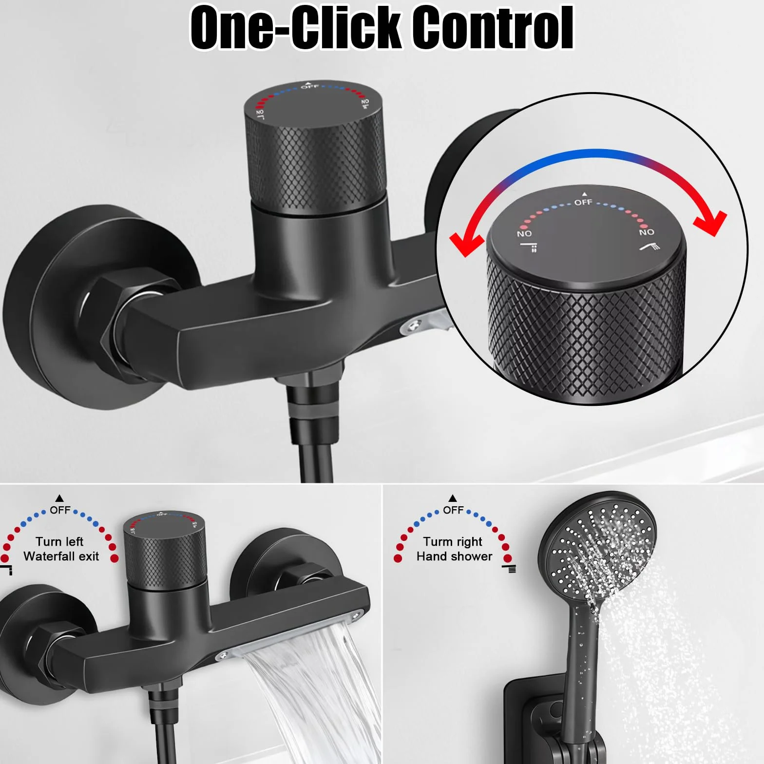 Bateria wannowa wodospad czarna ze słuchawką prysznicową, mosiężna bateria mieszakowa prysznic z prysznicem, 5 funkcji, wąż PVC 1,5 m, natynkowy kran wannowy, armatura wannowa z prysznicem do łazienki