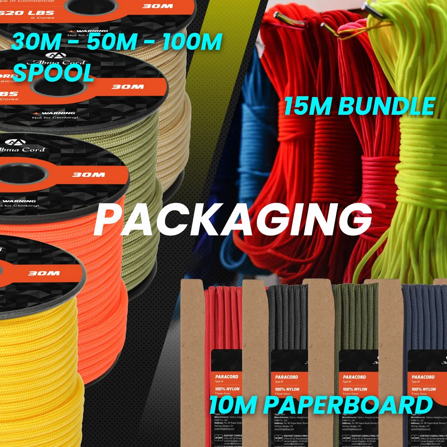 Abma Cord Paracord 4mm 15m 100% Nylonowa Sznurek Linka 9-żyłowa Typ III do Biwakowania, Majsterkowania, Zewnątrz, Survivalowy - Max. 280kg (620lb) - Czarny