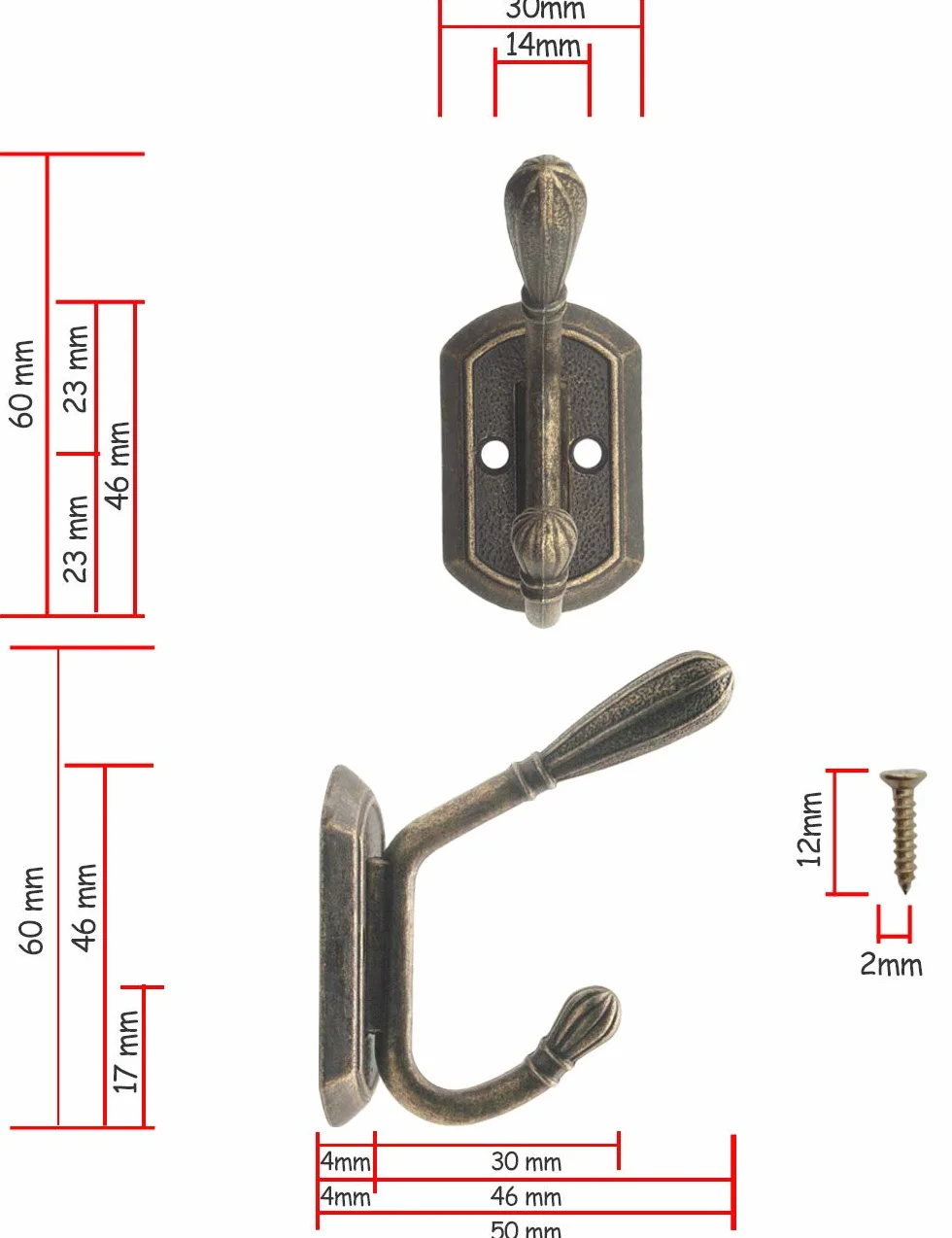 FUXXER® – klasyczne wieszaki na ubrania, podwójne haki, wieszaki na ubrania, żelazne haki, metalowe haczyki, żeliwne wzornictwo, styl vintage, styl dworkowy, 60 x 50 mm, zestaw 5 sztuk, brąz