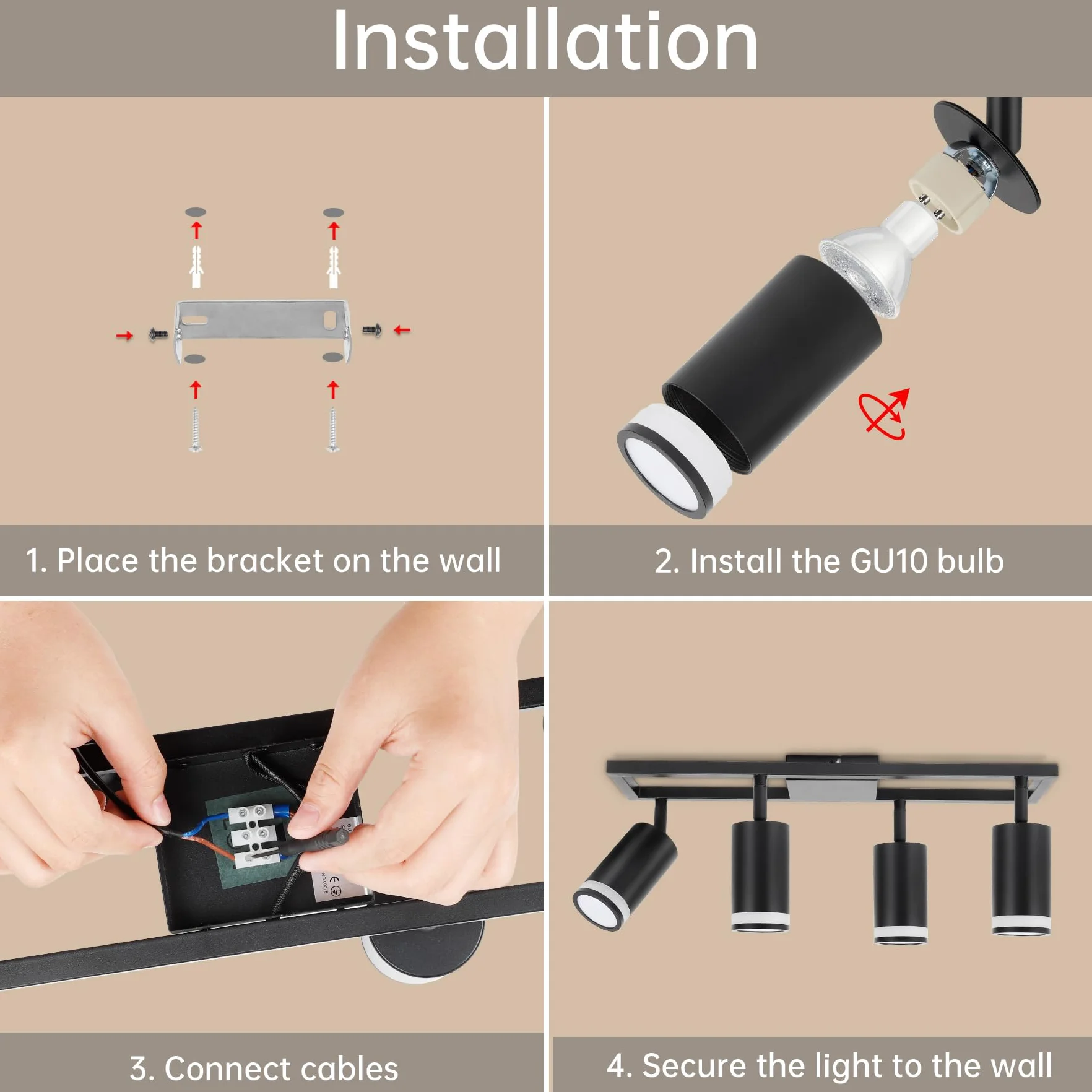 Lampa sufitowa LED z 4 punktami, nowoczesne podwójne obrotowe lampy sufitowe GU10, czarna lampa sufitowa z 4 punktami, do kuchni, sypialni, salonu, przedpokoju, jadalni, bez żarówek