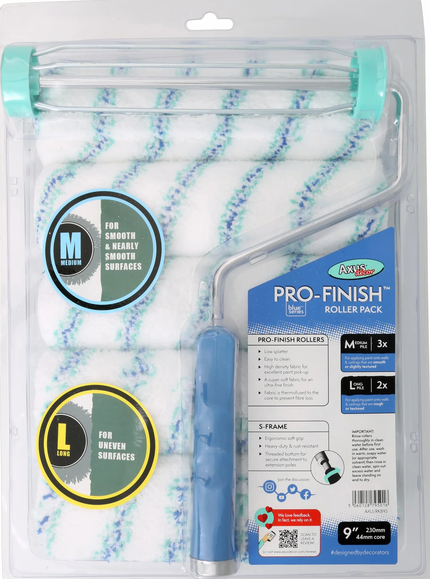 Axus Decor Pro-Finish Zestaw rolek 6 szt. (seria niebieska) z 3 średnim runem i 2 długim włosiem, taca na wałek malarski i rama do projektów profesjonalnych i DIY, średnica rdzenia 4,4 cm (9"/230 mm,