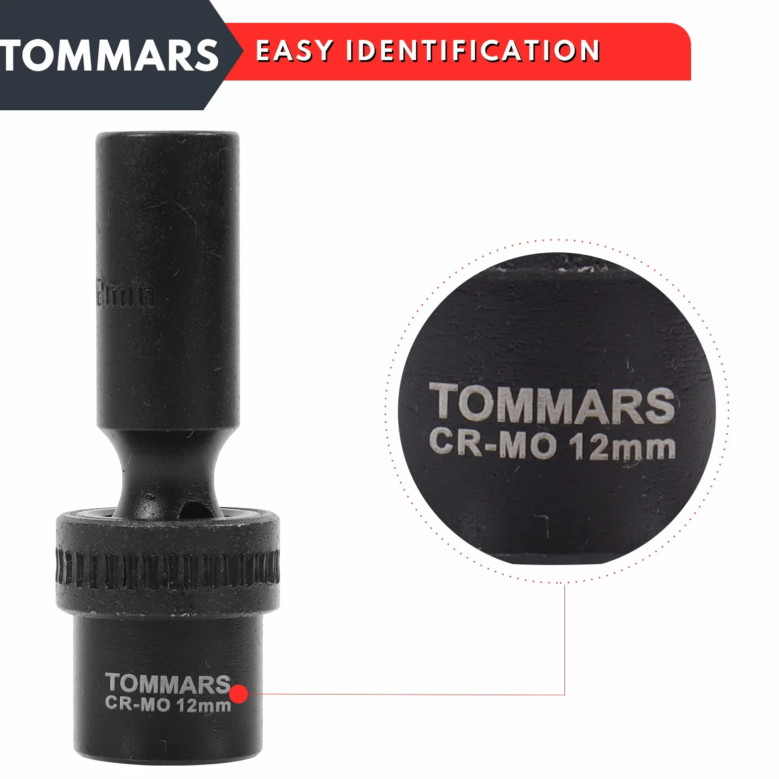 TOMMARS Uniwersalny zestaw nasadek udarowych 3/20.3 cm, głębokie, 6-punktowy zestaw elastycznych gniazd, metryczny, 10-19 mm, stal CR-MO