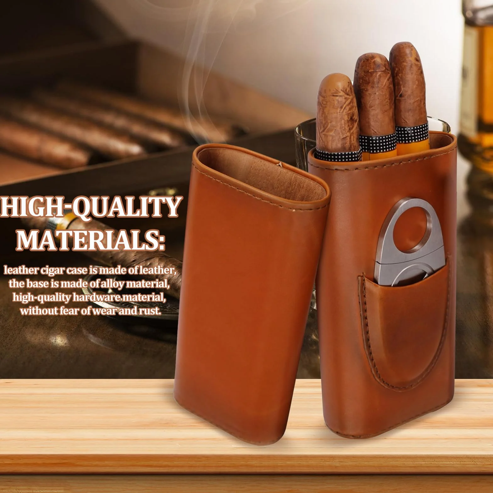 Skórzane etui na cygara 3 sztuki humidor z krajalnicą drewno cedrowe