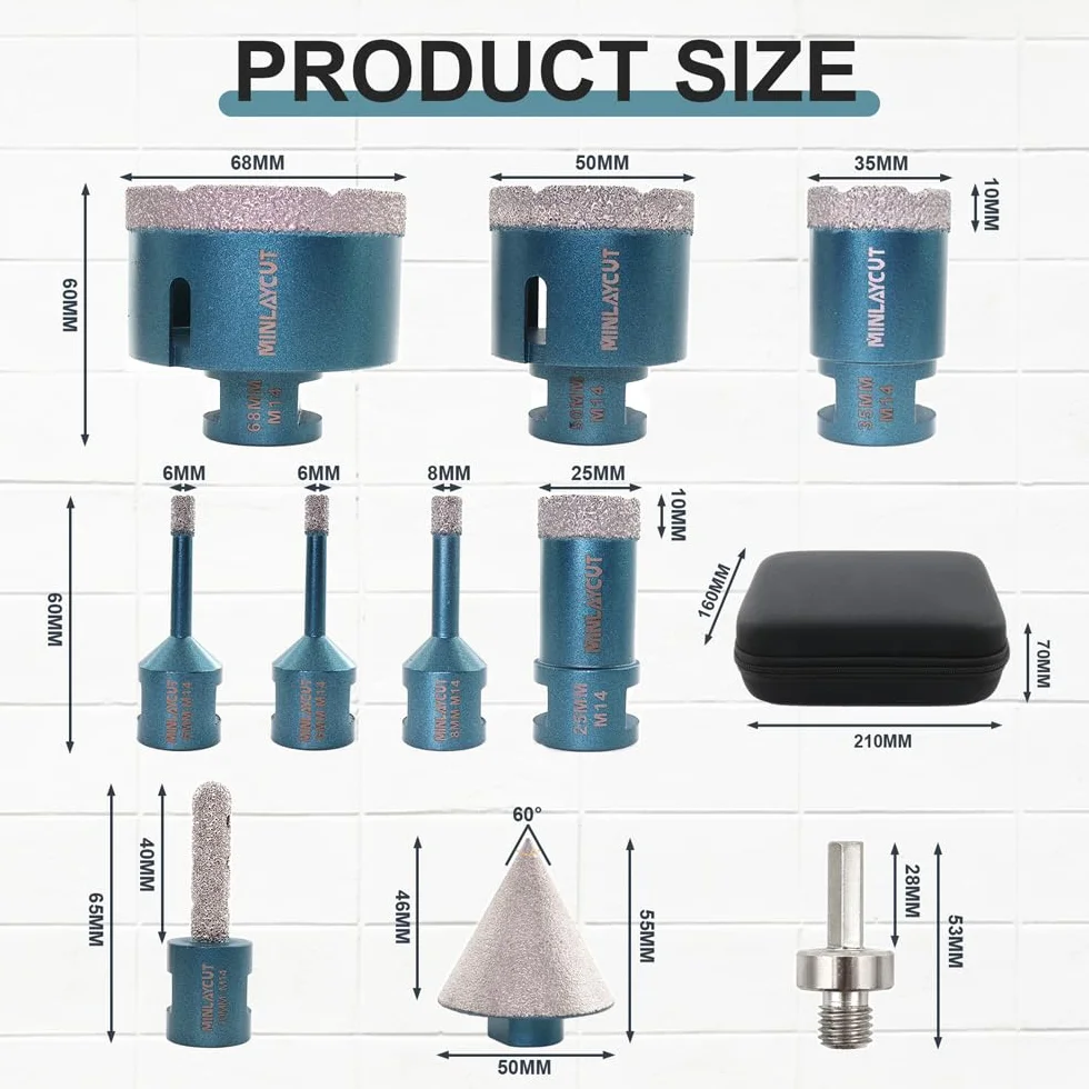 diamentowe wiertła 6/6/8/20/35/50/68mm 10 sztuk/zestaw i 10mm i 50mm frez i adapter do wiercenia na sucho porcelanowe płytki granitowe marmurowe