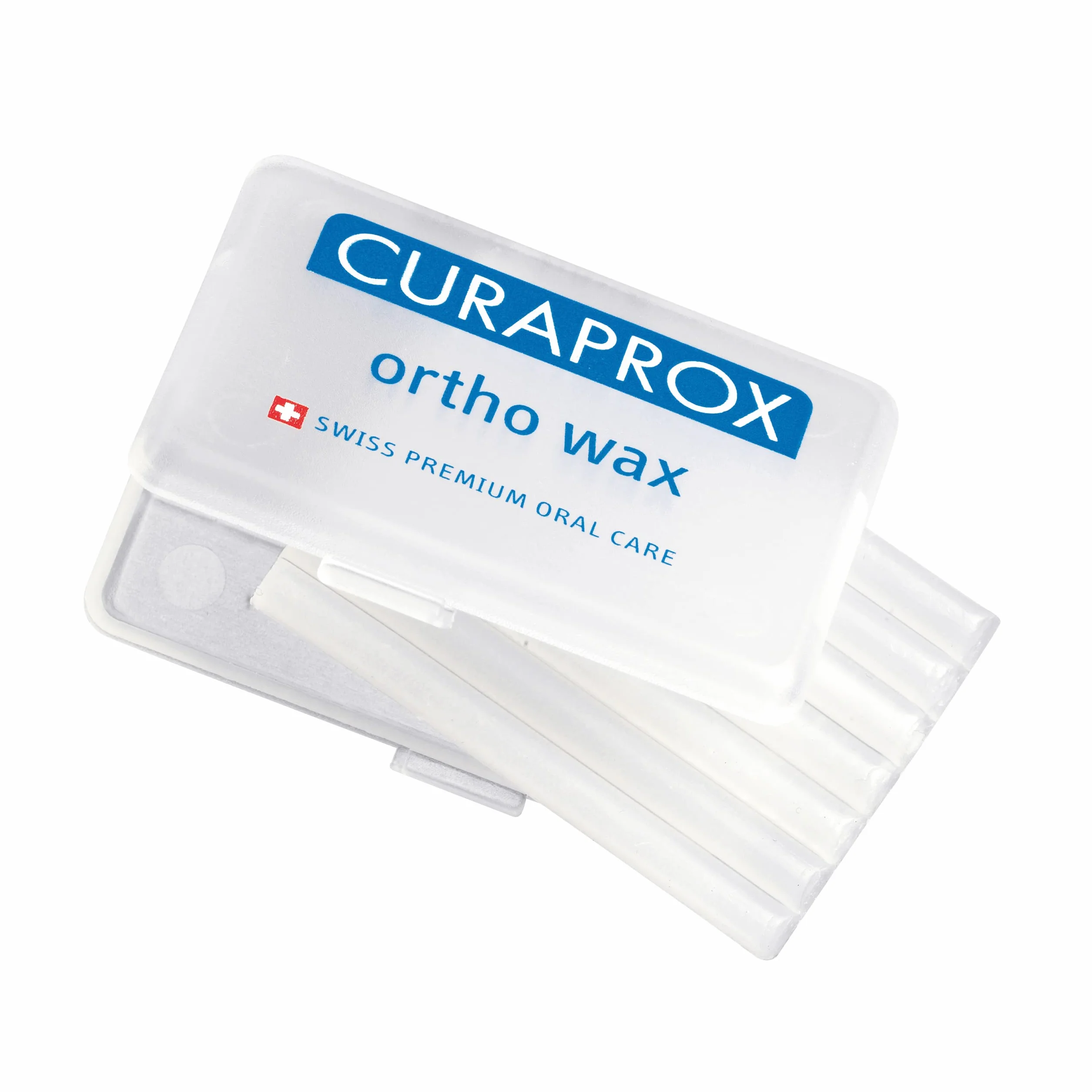 Curaprox Ortho-Wax, przezroczysty i neutralny smakowo wosk w poręcznym etui, do czyszczenia wsporników i aparatów ortodontycznych, pudełko z 7 paskami wosku