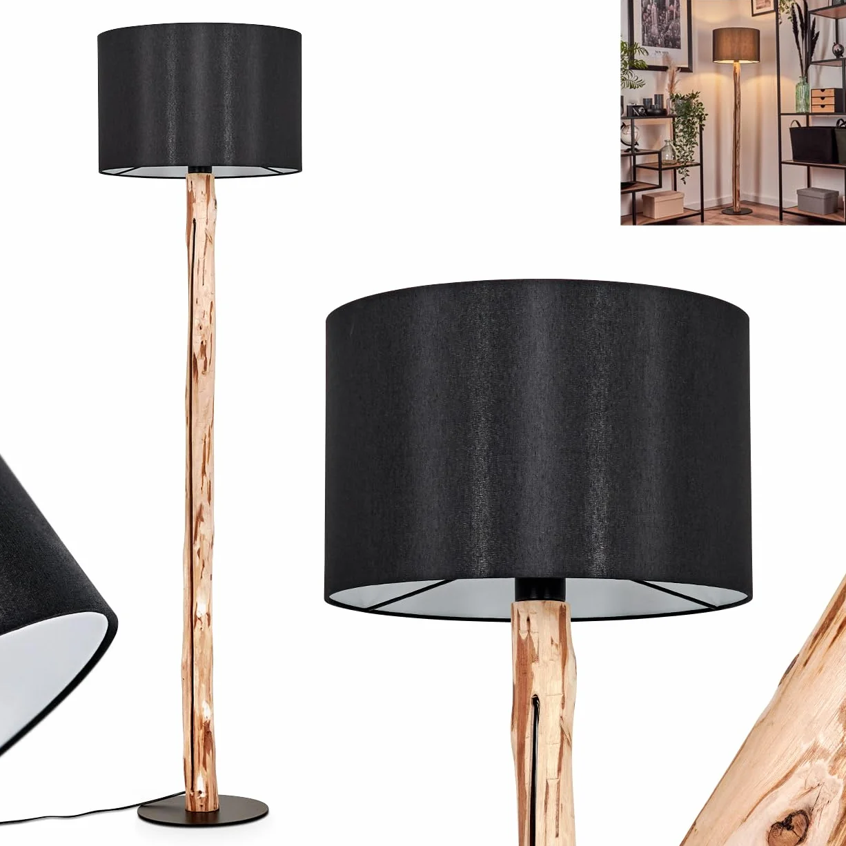 Lampa stojąca Saladillo, nowoczesna lampa stojąca z drewna/metalu/materiału w kolorze naturalnym/czarnym/białym, lampa w skandynawskim stylu z okrągłym kloszem (Ø 38 cm) i przełącznikiem nożnym,