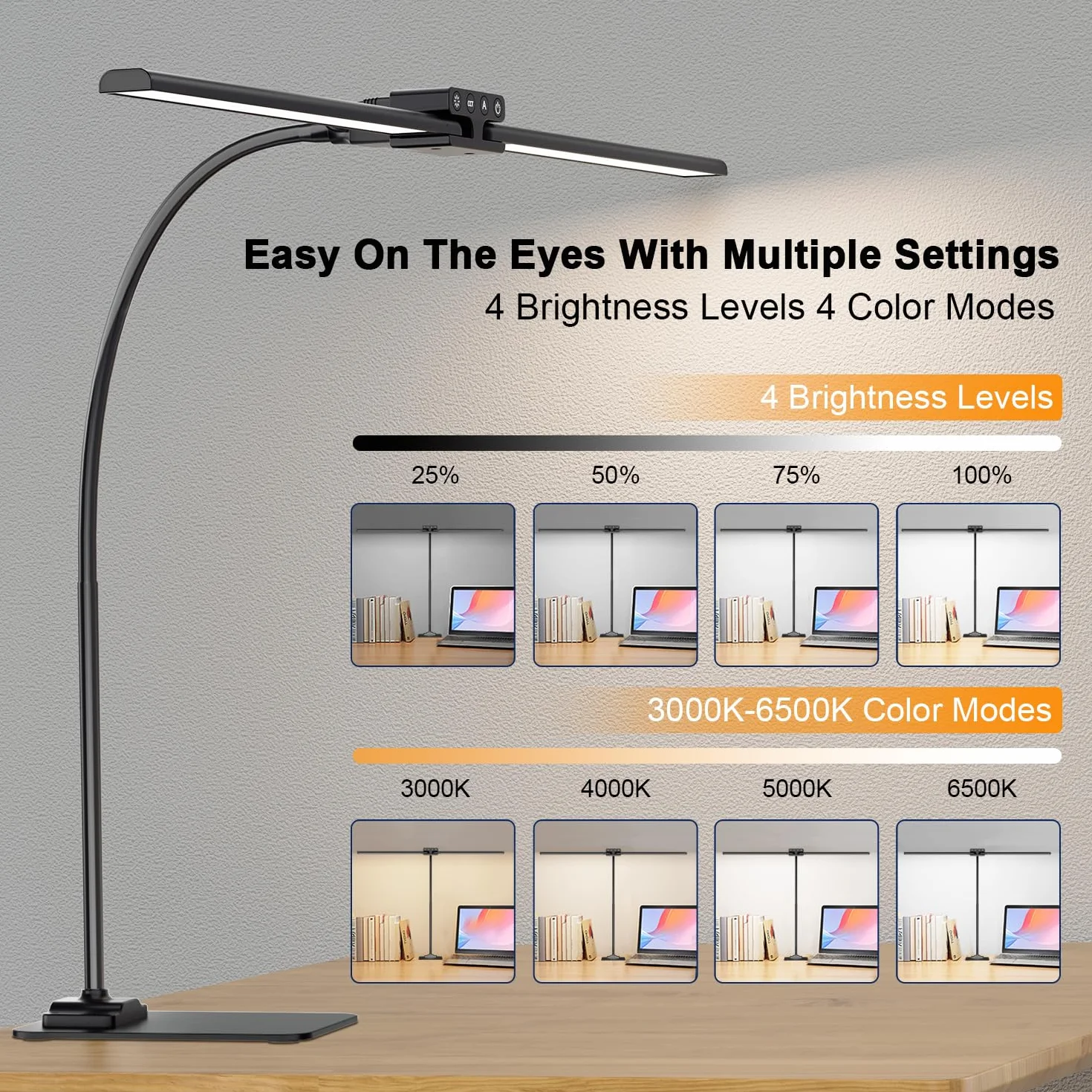Lampka biurkowa LED 24 W, podwójna głowica, podstawa, 80 cm | Elastyczne ramię, Czułe sterowanie dotykowe, Wiele trybów oświetlenia, Ochrona wzroku bez migotania, Funkcja pamięci
