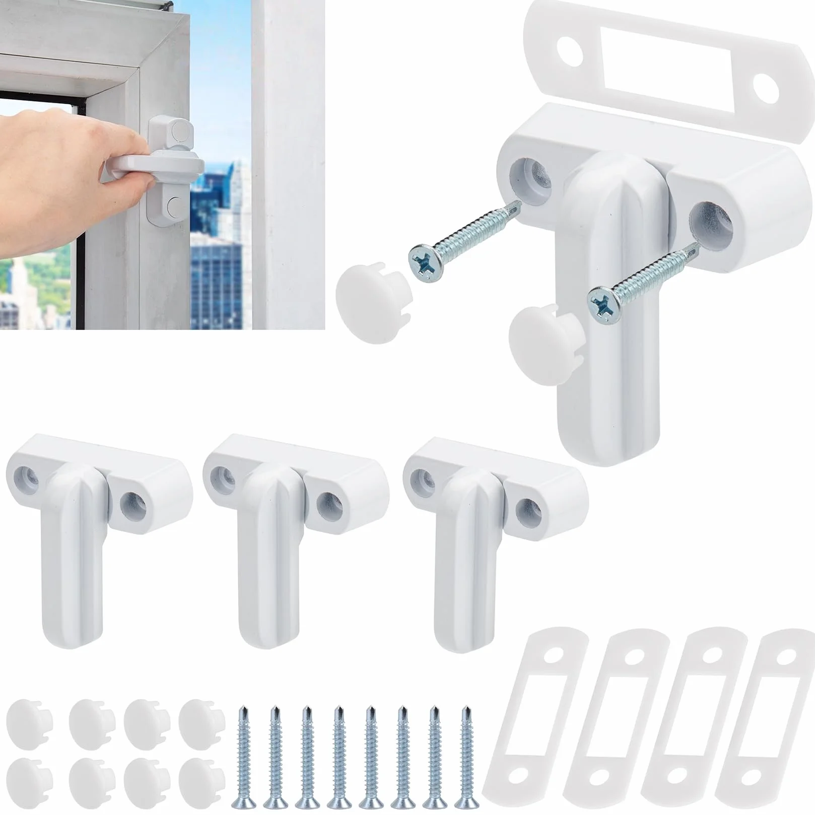 Ewwtrey Zabezpieczenie okienne, zamki ograniczające do okien UPVC, PVC, drzwi, okien, dla bezpieczeństwa w domu, 4 szt., kolor biały