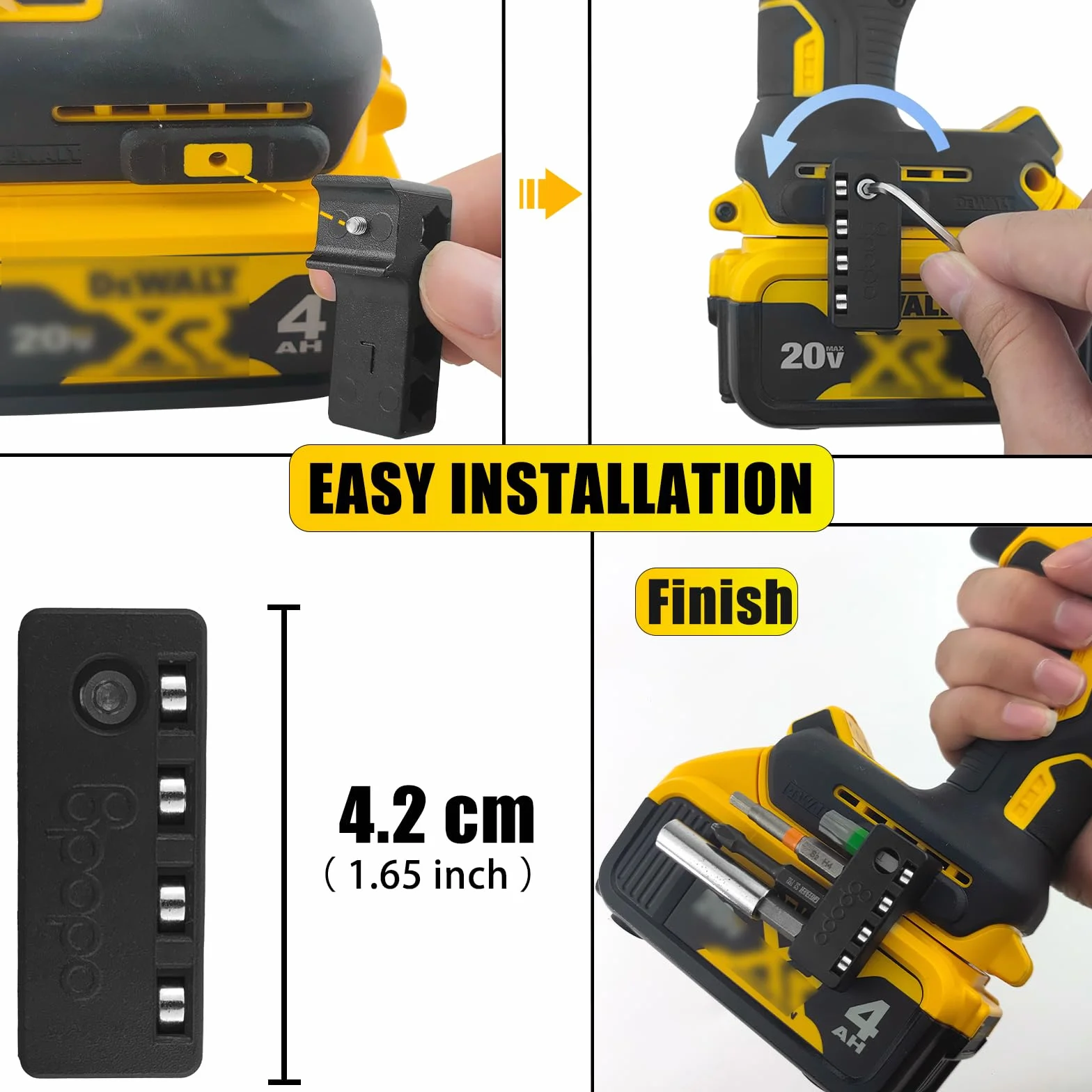 Uchwyt magnetyczny 1/4" kompatybilny z wiertarkami Dewalt, montaż śrubowy po lewej stronie, mocny organizer na 4 końcówki