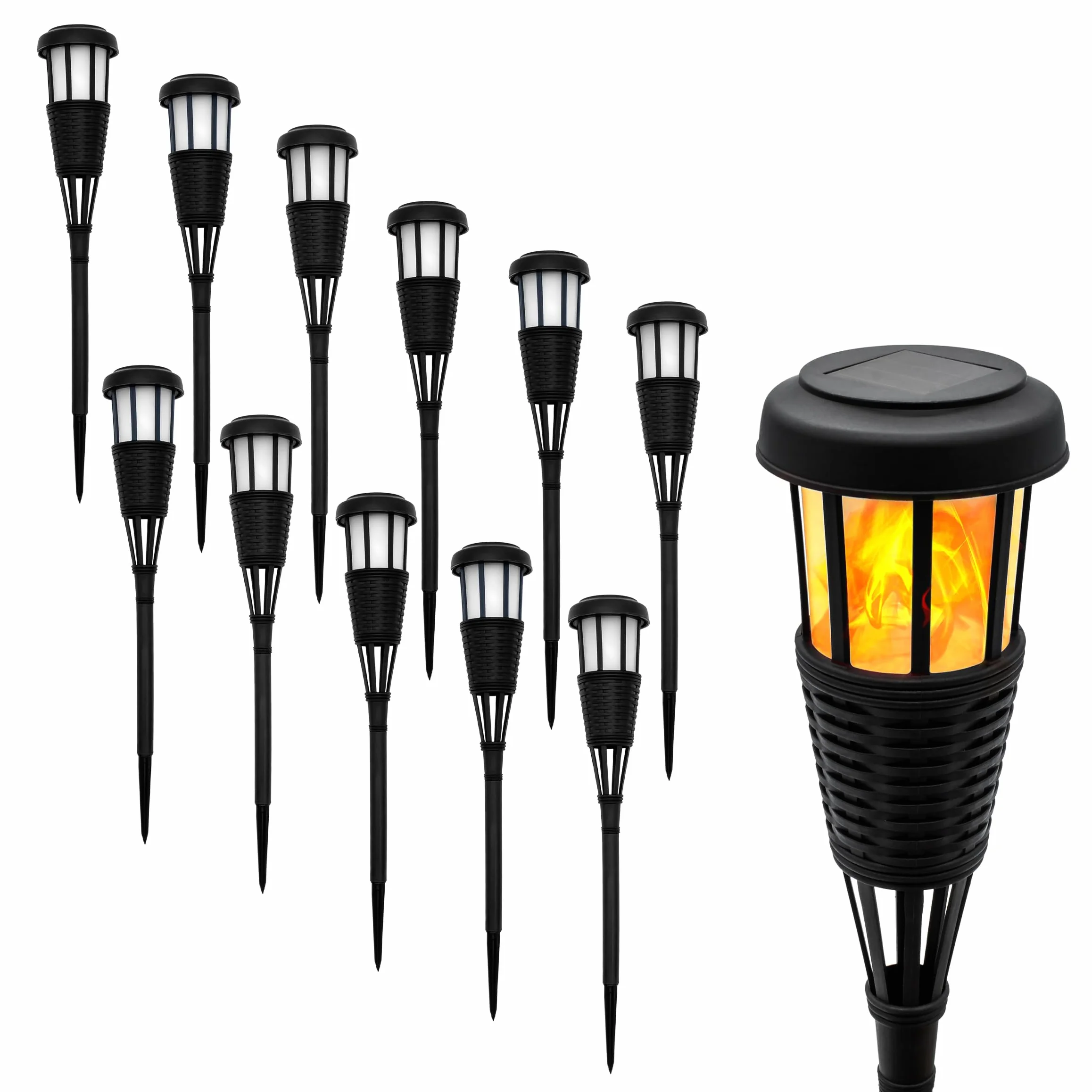 Spetebo Solarna pochodnia ogrodowa LED o wyglądzie rattanu – zestaw 12 szt. – lampa solarna 48 x 10 cm z efektem migotania – oświetlenie ogrodowe dekoracyjne oświetlenie ogrodowe wtyczka do grządek z