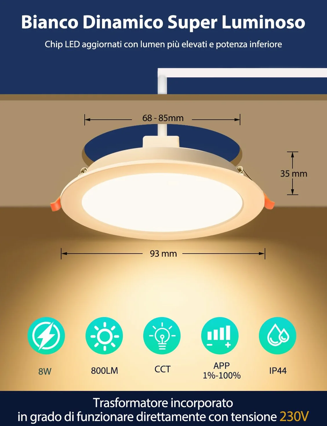 iLC Reflektory LED do zabudowy 8 W (odpowiednik 60 W) Wycięcie - 68-85 mm, praca z Alexą (wymagane jest urządzenie Echo), IP44 Okrągły reflektor wpuszczany CCT + RGB sterowany aplikacją (zestaw 8