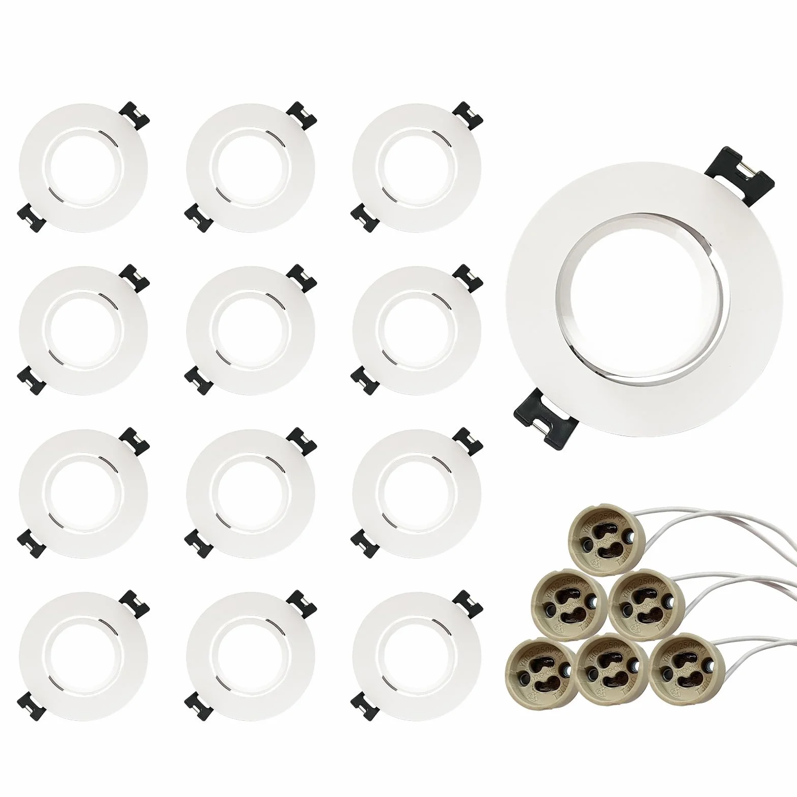 GY Ramka do reflektorów wpuszczanych GU10, biała ramka do downlightów z oprawką GU10, kąt nachylenia 30°, otwór Ø75 x 85 mm, otwór na LED do sufitu podwieszanego Opakowanie 12 sztuk