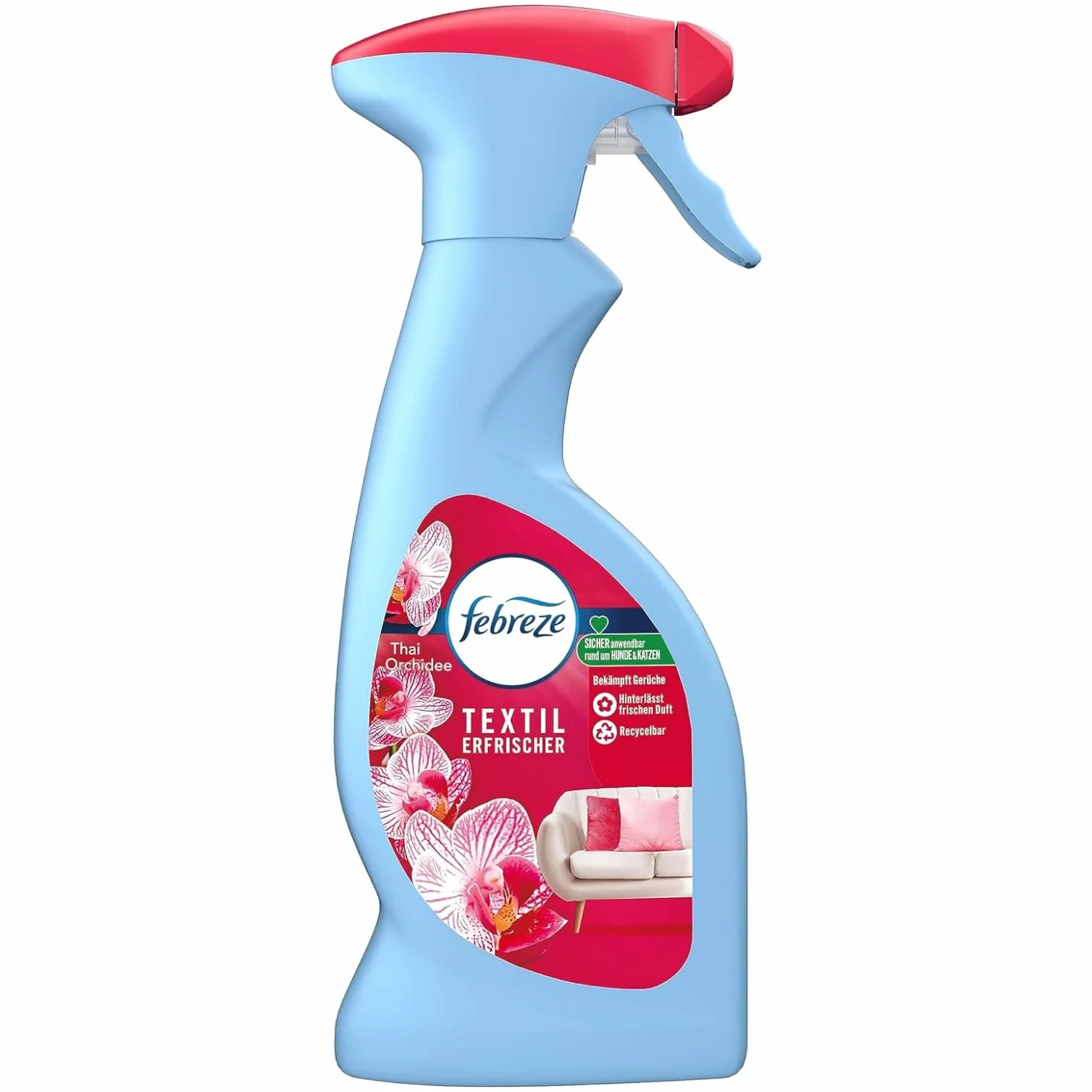 Febreze Odświeżacz do tekstyliów 375 ml, tajska orchidea, z technologią świeżego powietrza, usuwa zapachy z tekstyliów i pozostawia świeży zapach