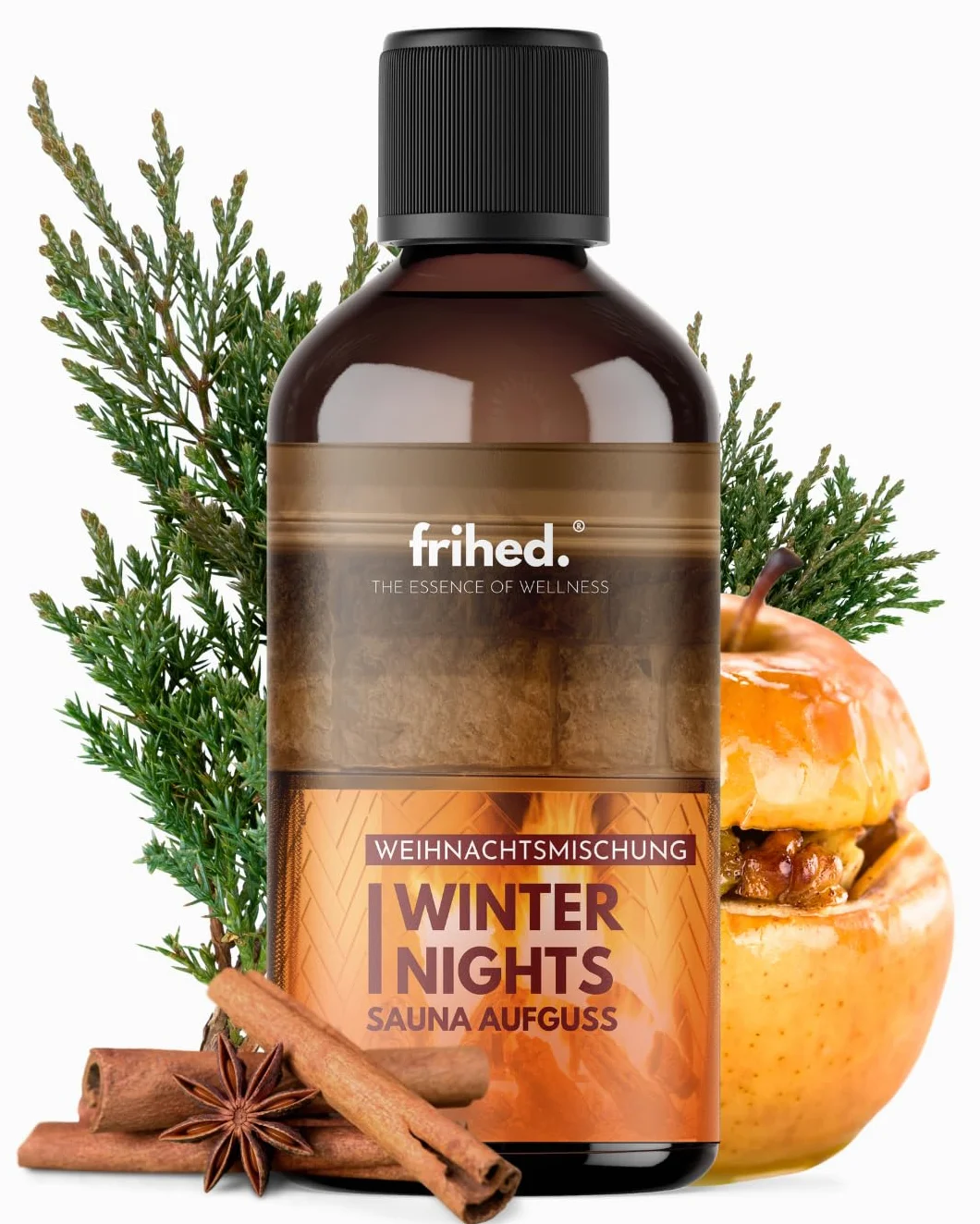 frihed.® Napar do sauny Winter Nights – wysoko skoncentrowany cynamon, anyż gwiazdkowy i olej z pieczonego jabłka – świąteczny i długotrwały zapach – edycja limitowana – szklana butelka 100 ml – Made