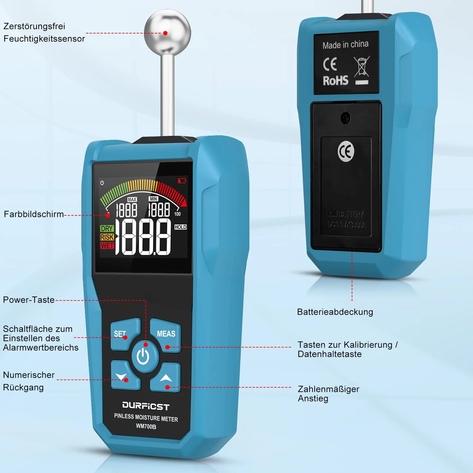 Wilgotnościomierz DURFICST z kolorowym wyświetlaczem LCD i alarmem akustycznym, odpowiedni do wszystkich materiałów budowlanych, drewna, ścian, tynku, muru, głębokości 5-40 mm