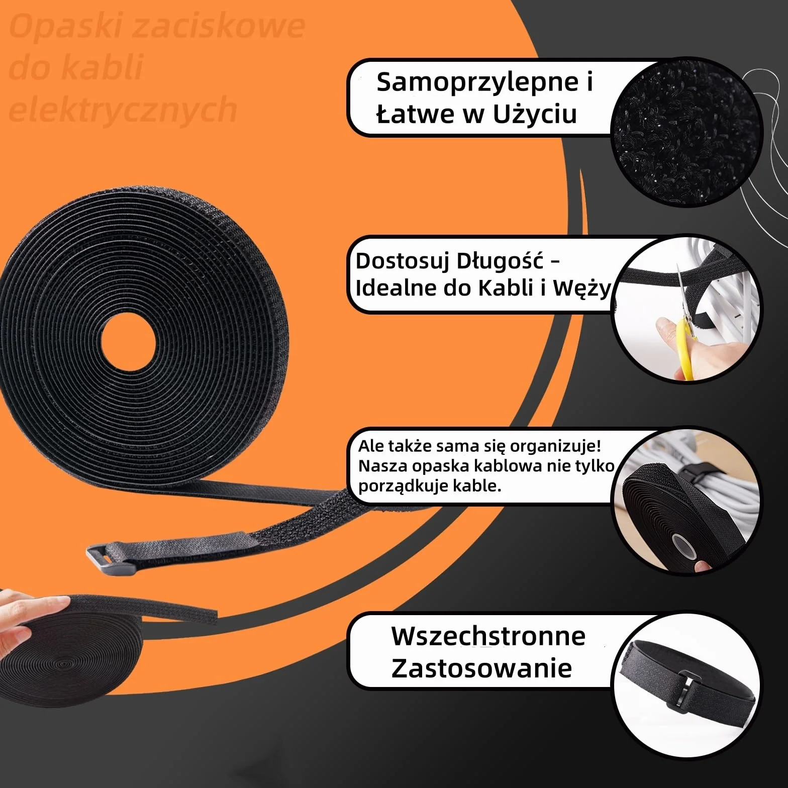 Taśmy Wielokrotnego Użytku na Rzepy, 2CM x 5M Rolka z 25 Pętlami, Regulowane Paski do Kabli z Pętlami, Taśma z Haczykiem do Przycięcia na Wymiar, do Zarządzania Kablami i Przechowywania