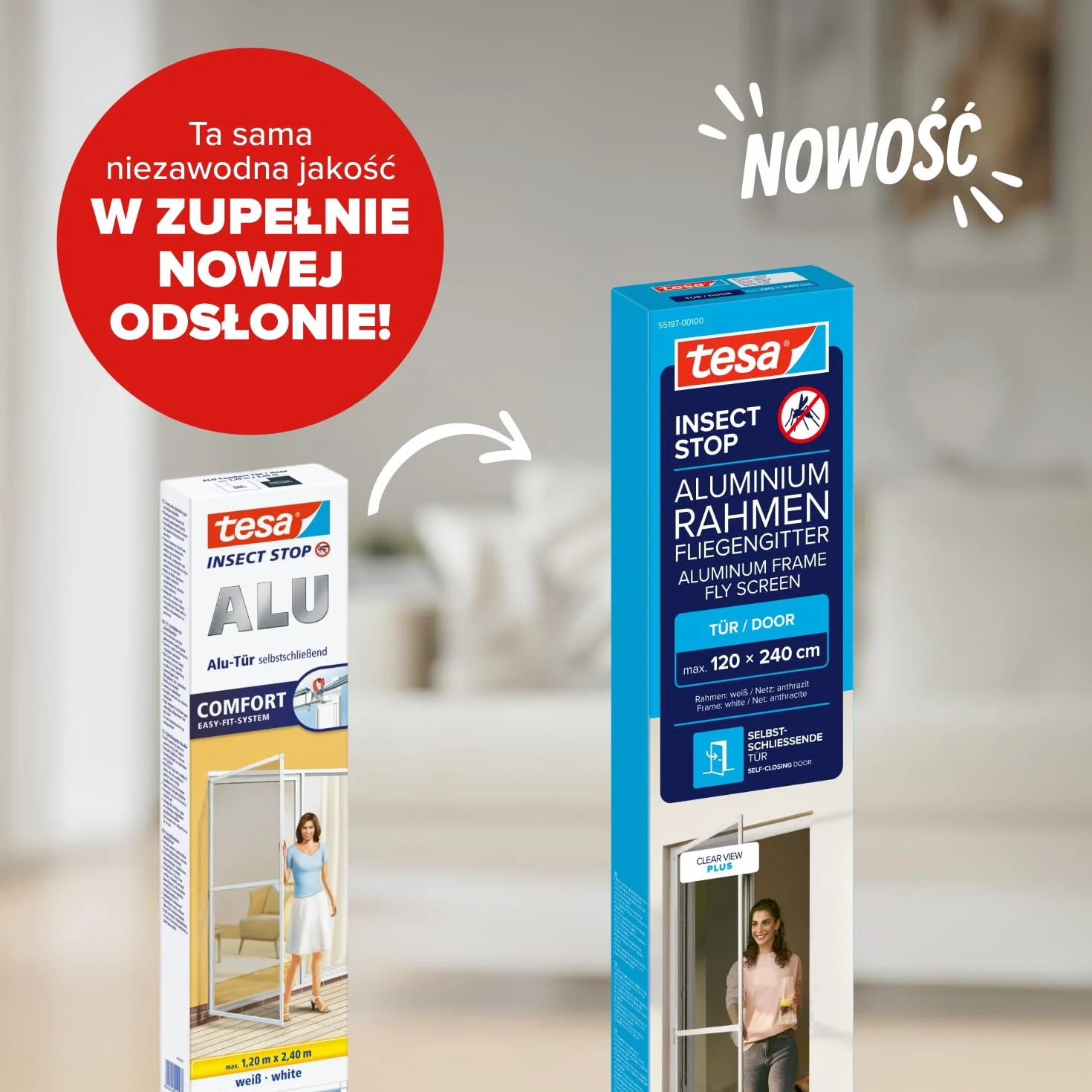 tesa INSECT STOP Aluminium For Doors Frame Fly Screen XL - siatka z ramą aluminiową, czysty widok, biały - 120 x 240 cm