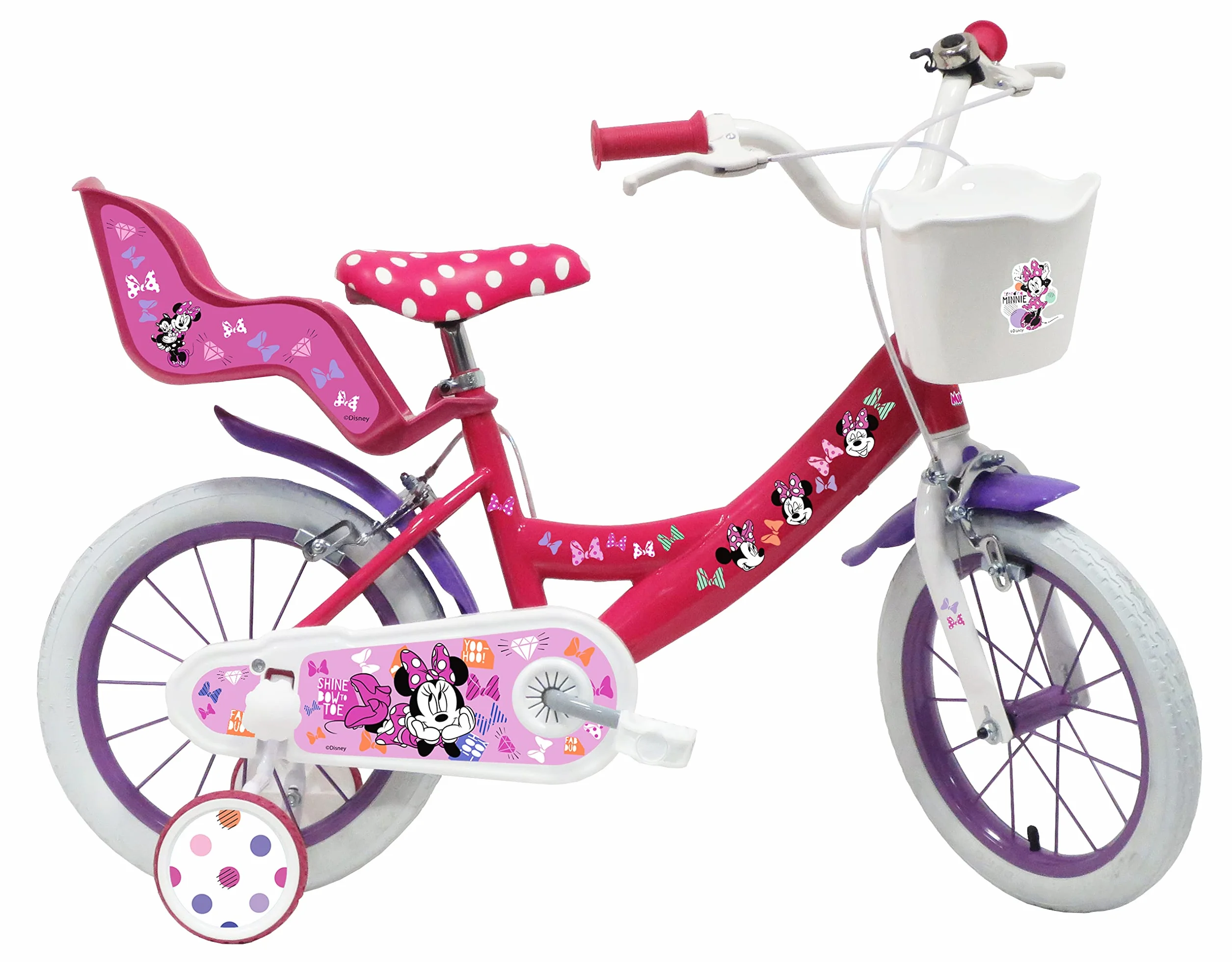 Rower dziecięcy 14'' Minnie/Disney wyposażony w 2 hamulce, tylny uchwyt na lalkę, przedni kosz i kask w zestawie!