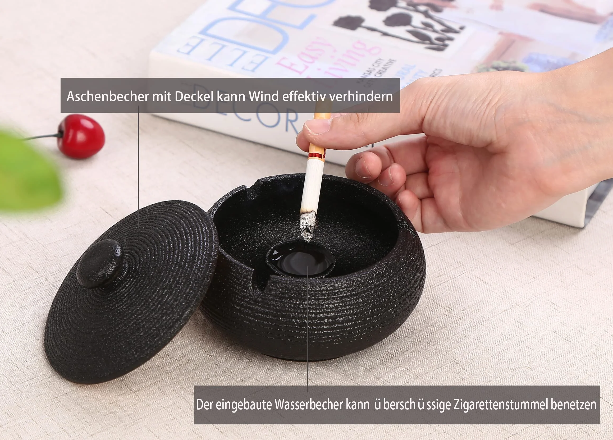 Panngu Popielniczka przeciwwiatrowa, czarna, ceramiczna retro, popielniczka z pokrywką, do użytku na zewnątrz, prosta, popielniczka do cygar, dekoracja domu i biura (11,5 x 8,5 cm)