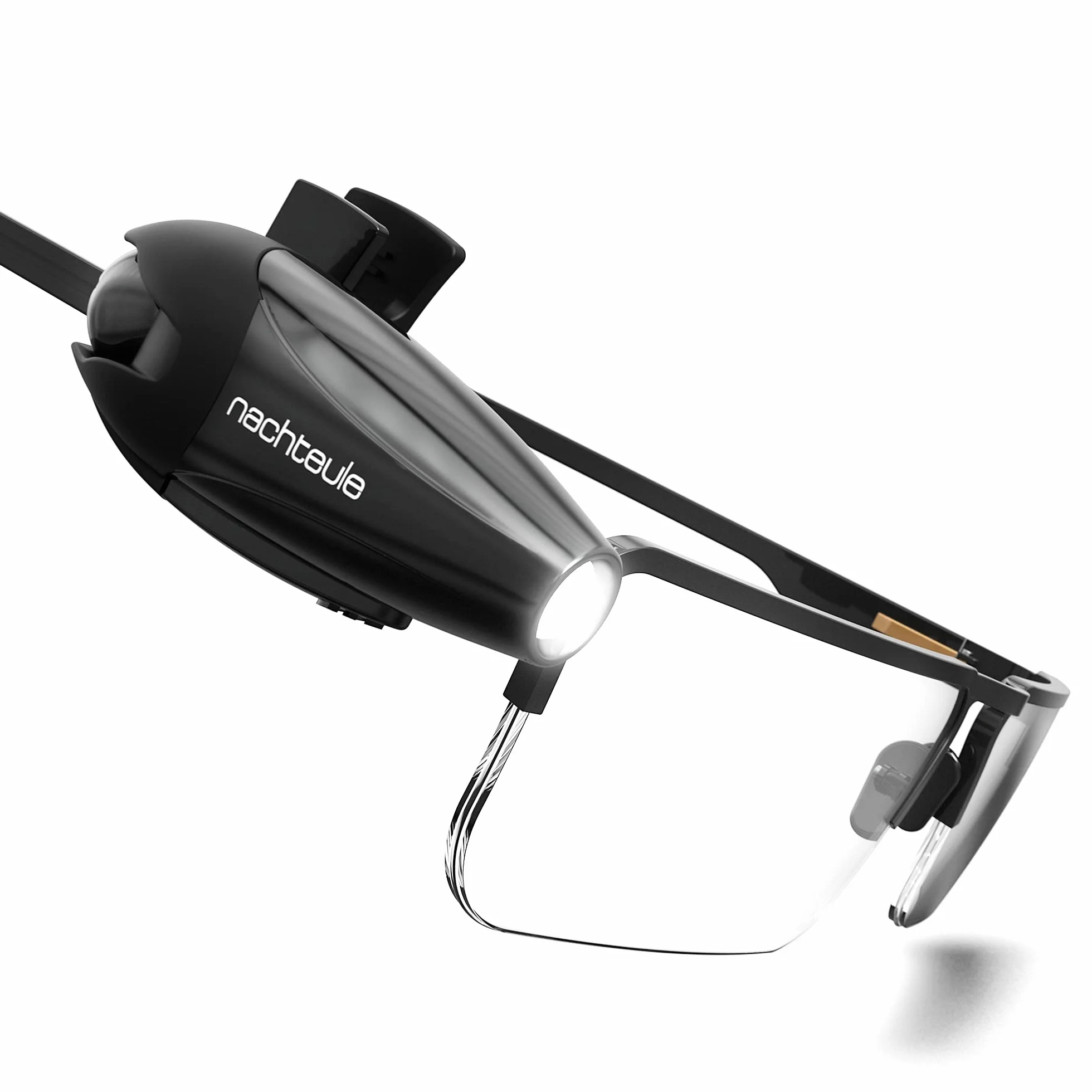 Nachteule Lampka do czytania na okulary, słuchawki lub opaskę na głowę (w zestawie). Lampka LED do książek, nagradzana konstrukcja Clip-on Made in Germany. W zestawie bezpłatne etui ochronne