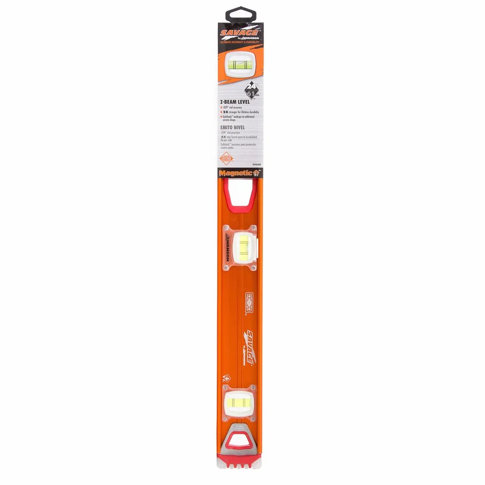 Swanson Tool Co SVI24M Savage anodyzowane aluminium magnetyczna poziomica dwuteowa z zaślepkami SUPERSHOCK™ i 3 fiolkami bąbelkowymi do pomiarów 0°/90°/45° — seria Contractor