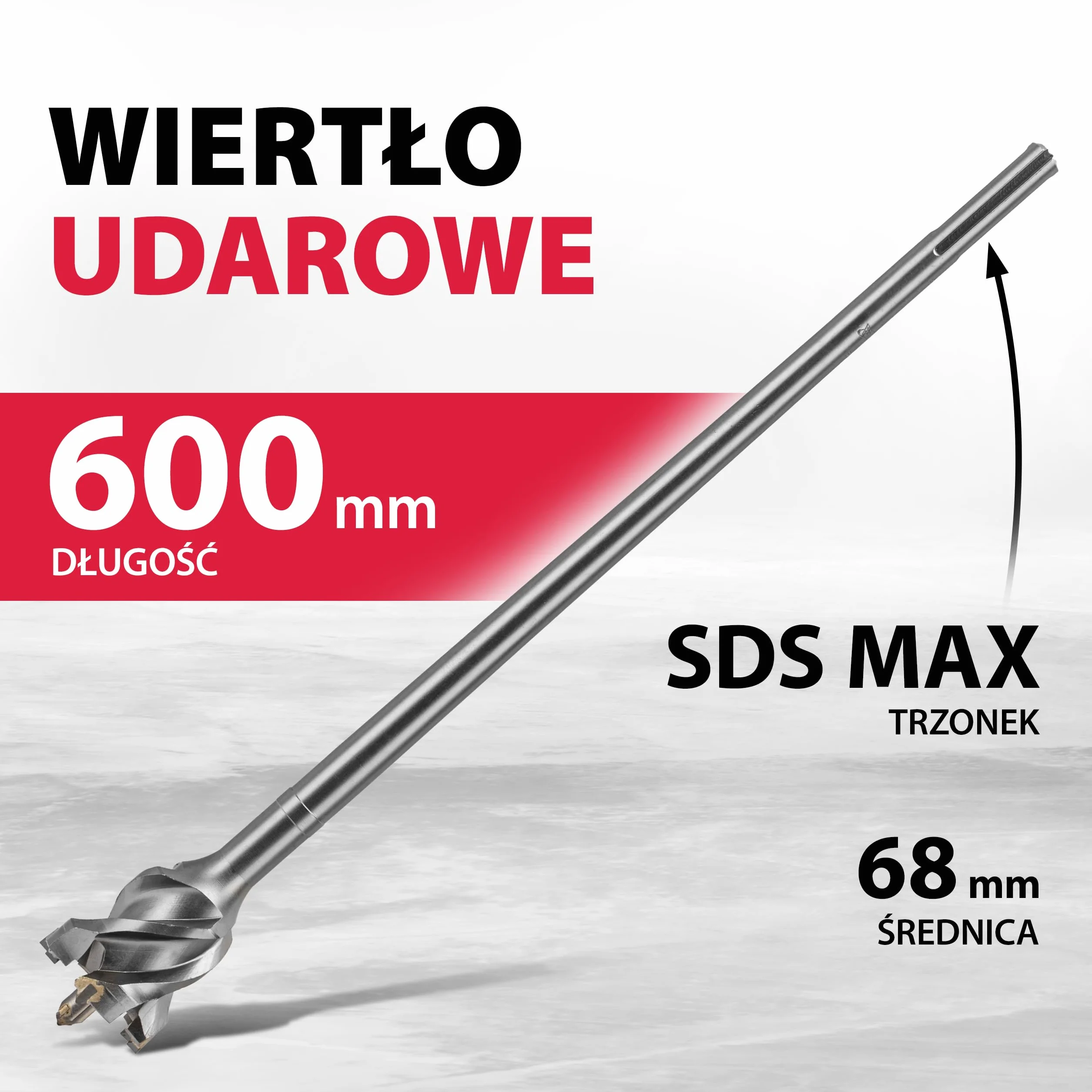 Wiertło przelotowe do betonu, kamienia, cegły, 68x600 mm, SDS-max - MTX