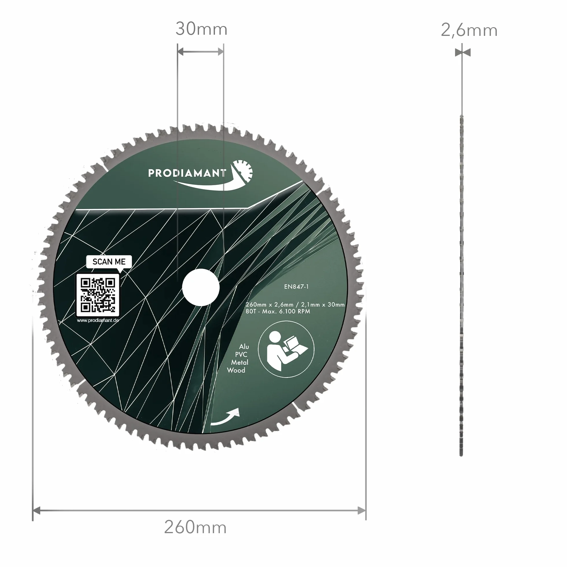PRODIAMANT Multi brzeszczot do piły 260 x 30 mm brzeszczot z twardego metalu do drewna, aluminium, tworzywa sztucznego i laminatu z zębami HM TCT do piły stołowej, piły ukośnej i tarczowej