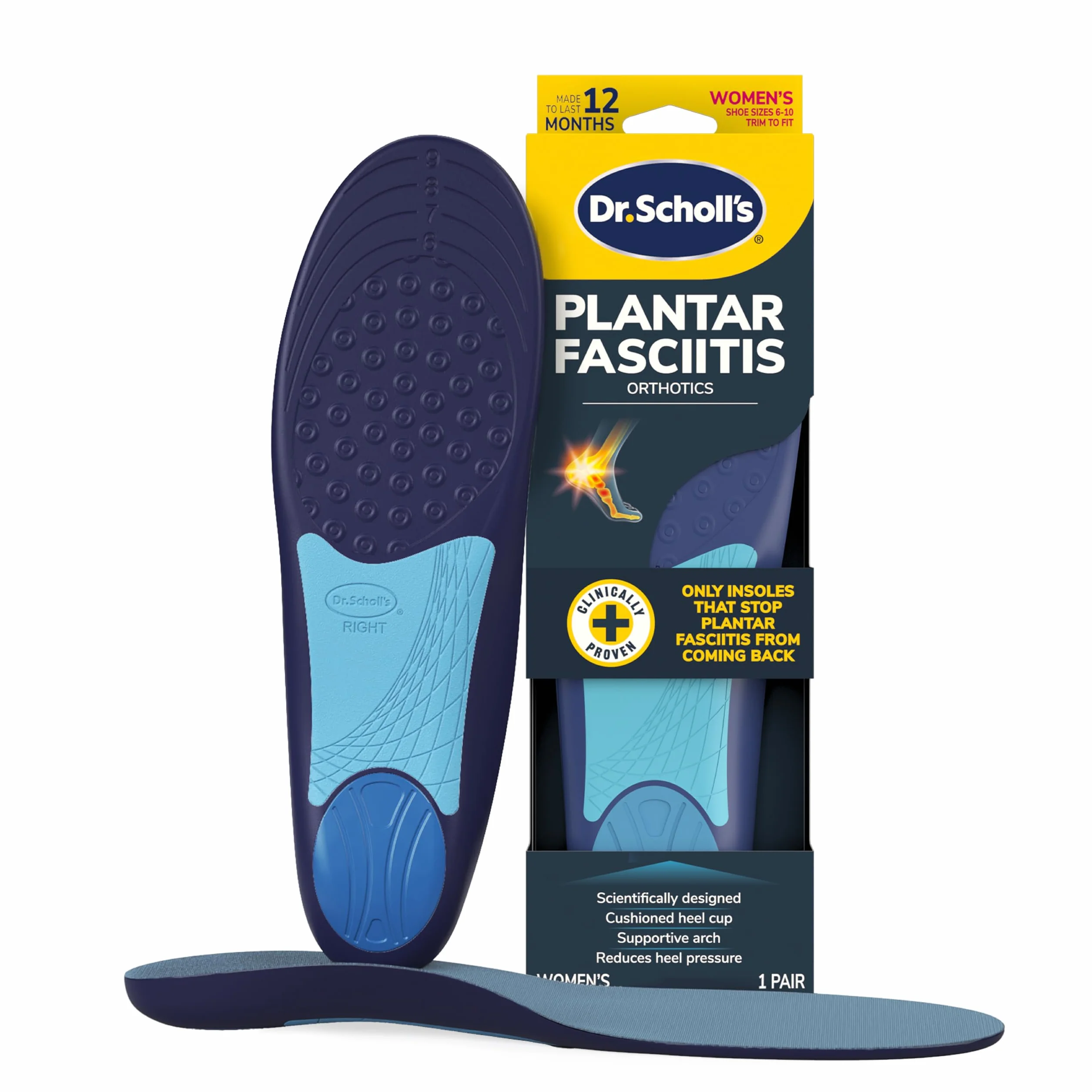 Scholl's Wkładka ortopedyczna łagodząca ból, zapalenie powięzi podeszwy, 1 para, rozmiar 6-10