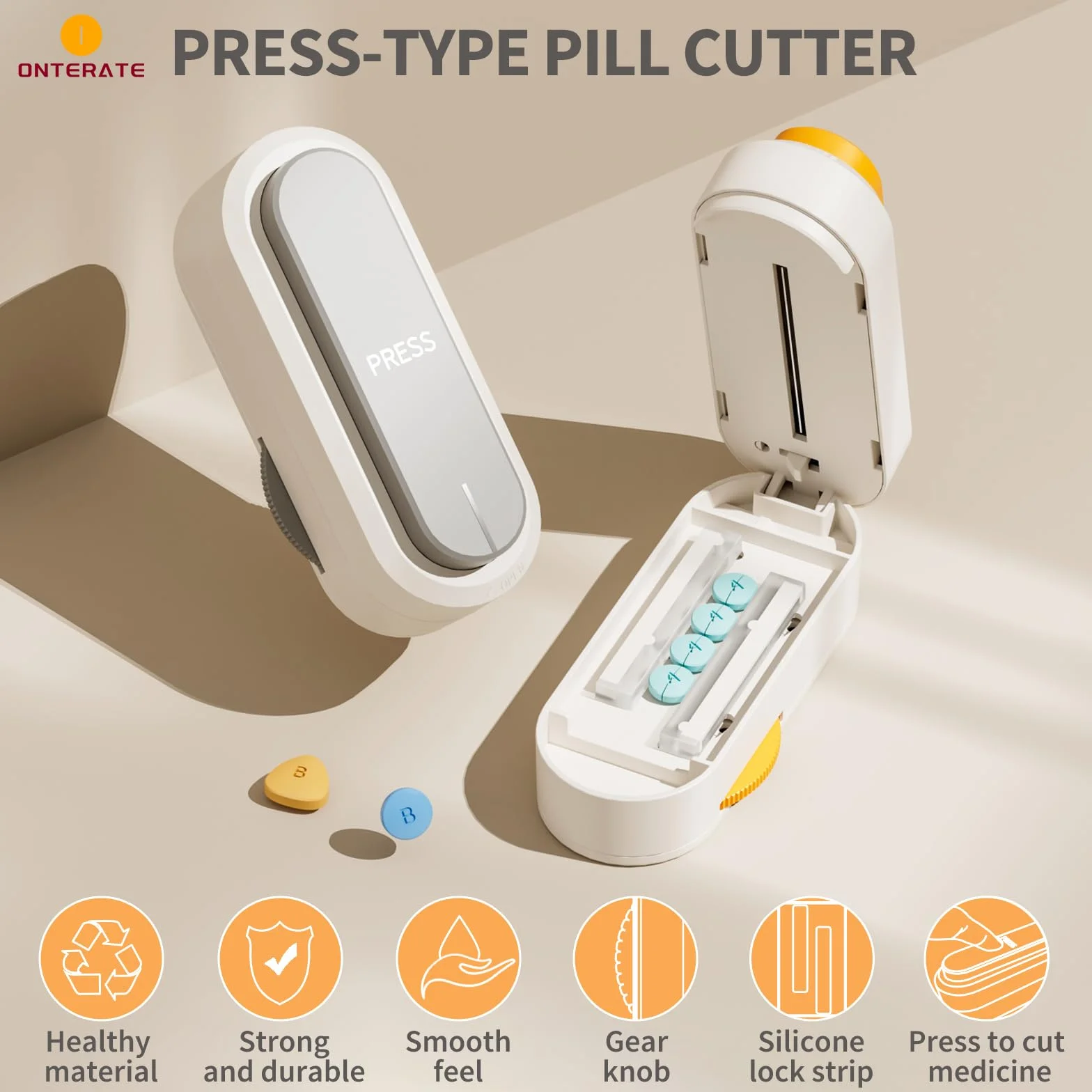 ONTERATE Pill Cutter Splitter do Tabletek, Regulowany Rozdzielacz z Ukrytym Ostrzem, Przecinacz na Pół (Pomarańczowy)