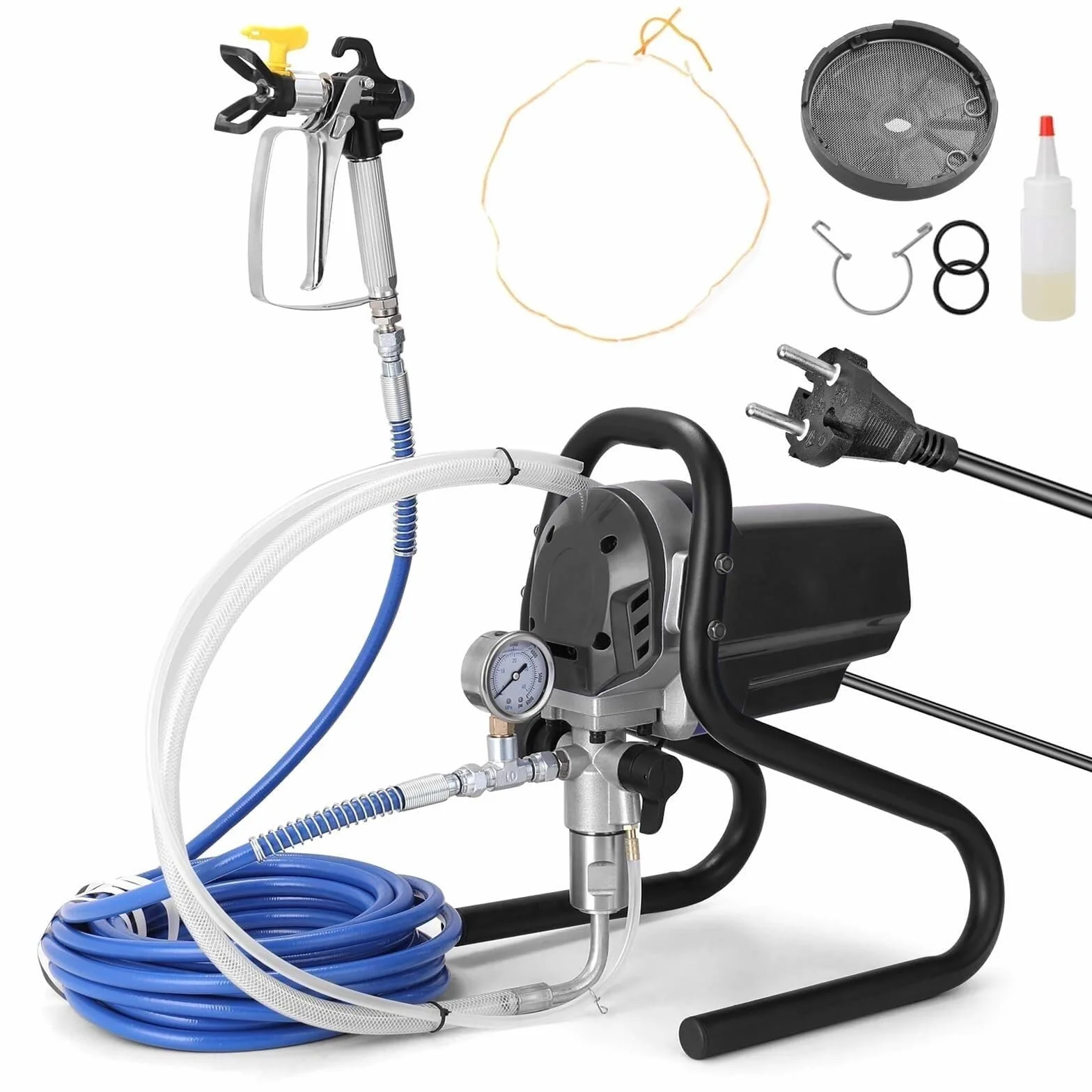 Wysokociśnieniowy bezpowietrzny rozpylacz elektryczny 750 W z wężem 10 m, 6000 PSI, manometr, 1,2 l/min (biały) (drewno)
