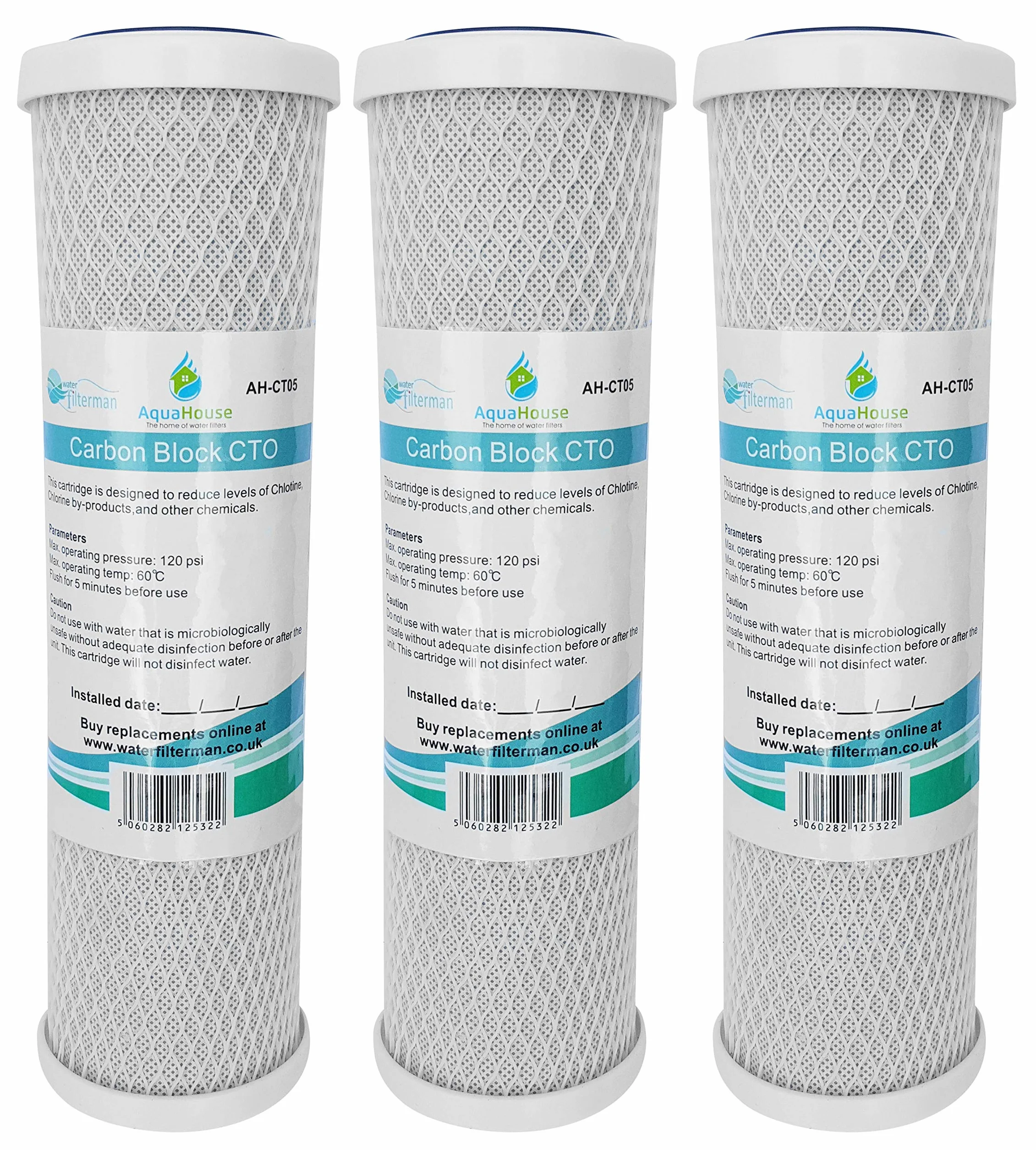 3 x wkłady filtrujące AquaHouse 10" z blokiem węglowym CTO do wody pitnej, systemy odwróconej osmozy, pasują do wszystkich obudów filtrów 10"
