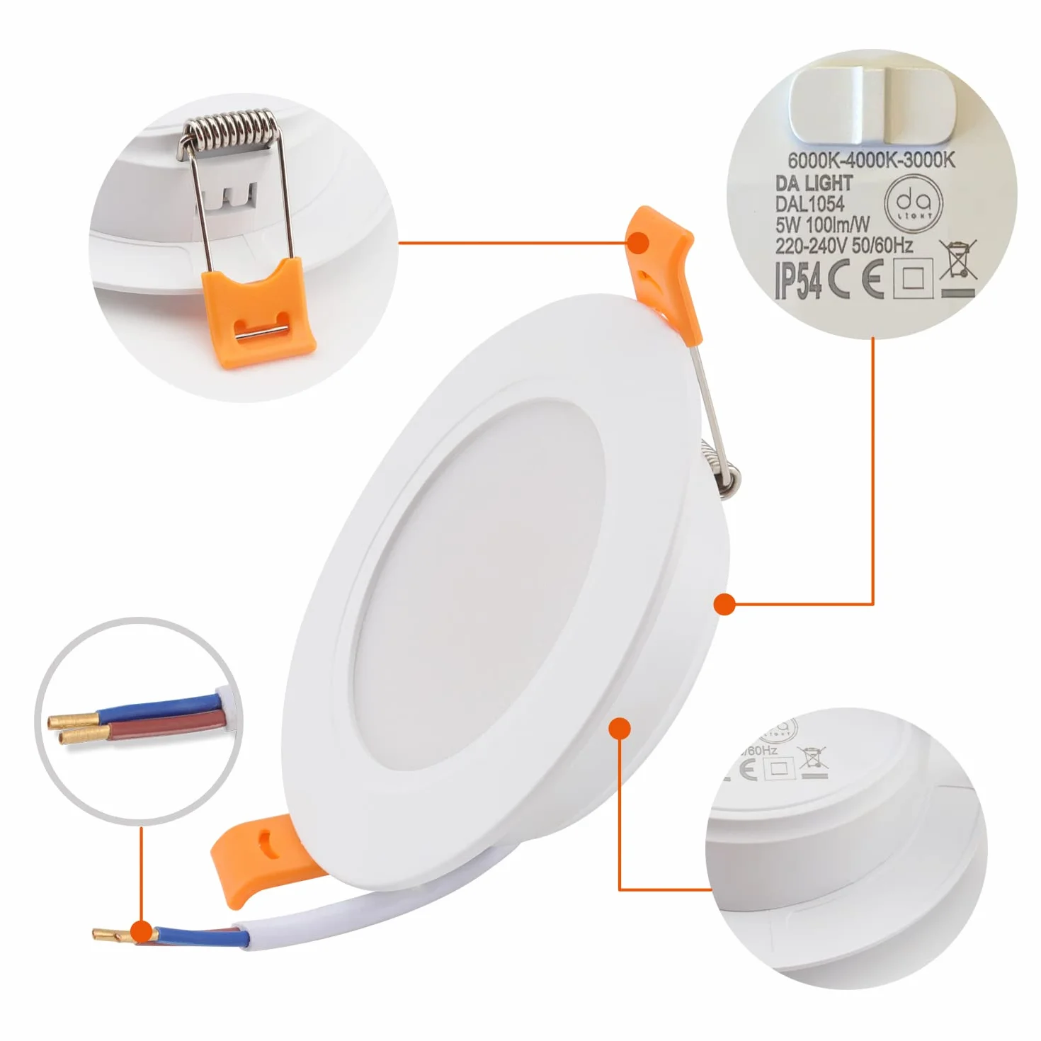 Reflektory LED wpuszczane 230 V płaski 5 W zestaw 6, DA LIGHT promienne światła, oświetlenie łazienkowe 3000/4000/6000K, sufit IP54 do salonu kuchni sypialni