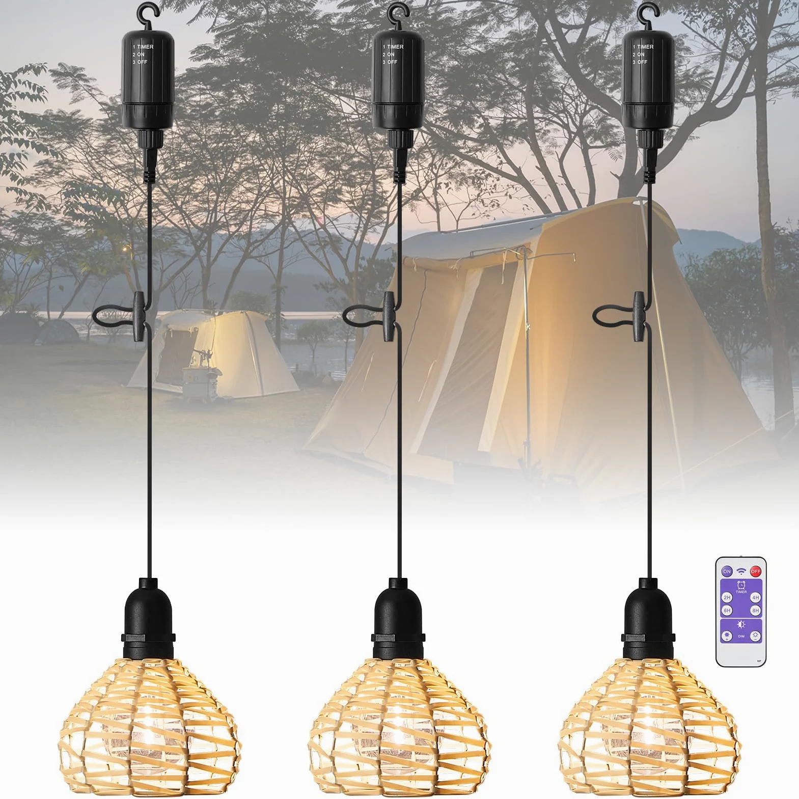 3 Sztuki Lampy Wiszące Na Zewnątrz, Akumulatorowe Lamp Wiszących Boho Z Rattanu Z Baterią, Wodoodporne Z Pilotem, ściemnialne Lampy Wiszące Bez Zasilania Do Namiotu, Kempingu, Ogrodu