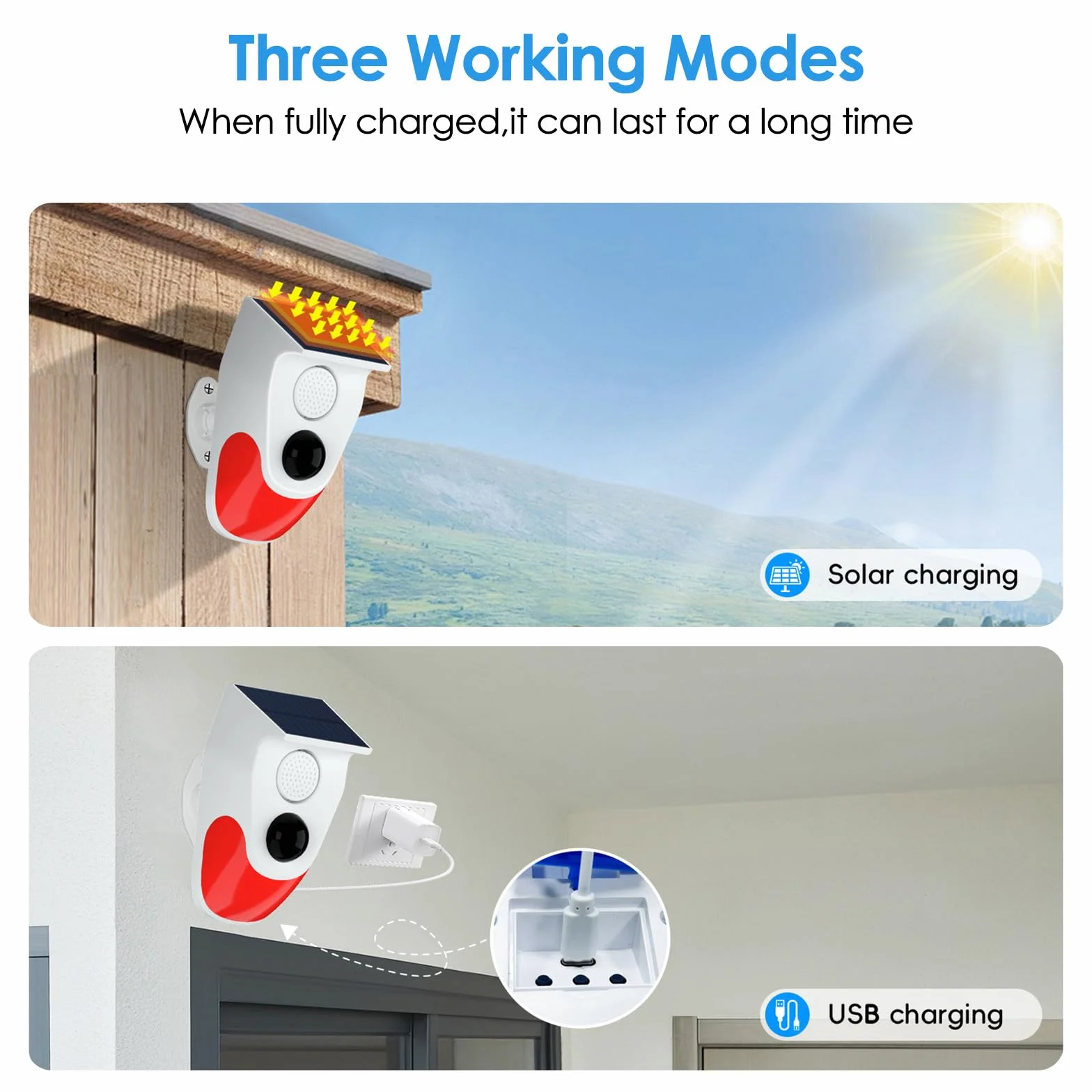 Cuteefun Alarm solarny z czujnikiem ruchu 120 dB 3 tryby pracy bezprzewodowy
