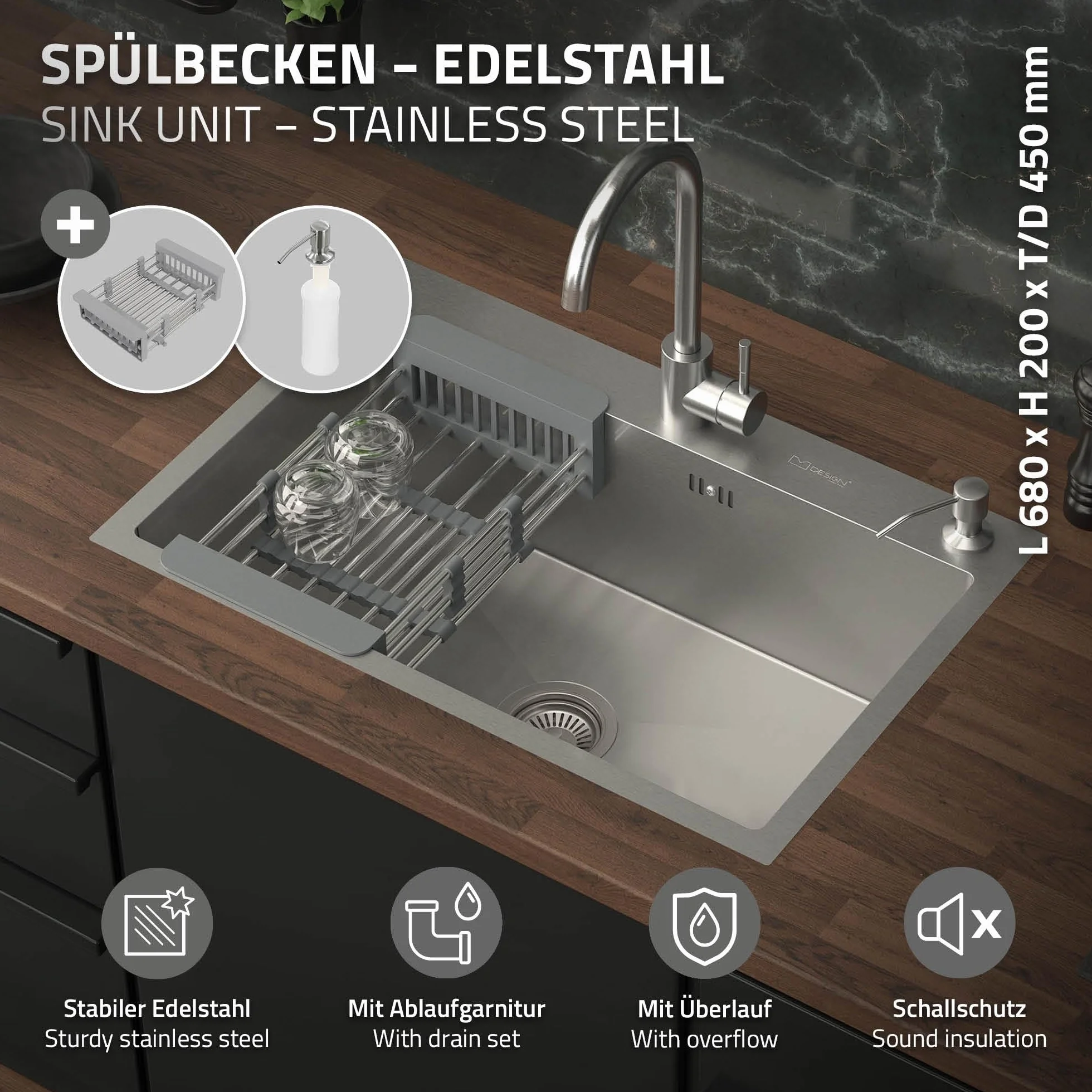 ML-Design Zlewozmywak kuchenny, 68 x 45 cm, z odpływem, dozownikiem mydła i koszem na ociekacz, ze stali nierdzewnej, srebrny, zlewozmywak z umywalką, montaż do zabudowy, umywalka domowa