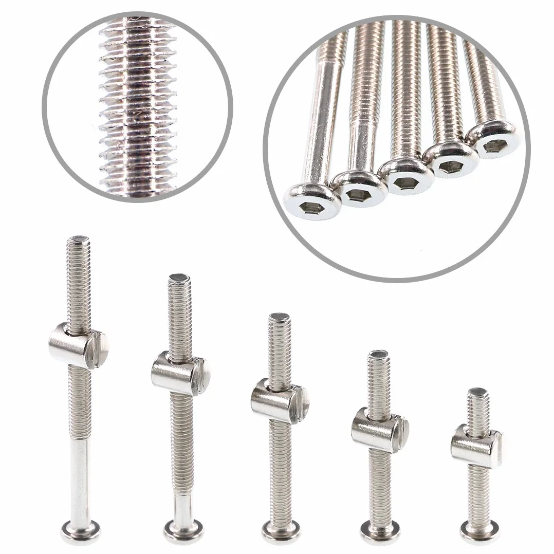 Swpeet 100 szt. śrub do łóżeczka dziecięcego, niklowane, M6 × 40/50/60/70/80 mm, śruba z gniazdem sześciokątnym, śruba do łóżeczka dziecięcego i nakrętki beczki z 1 x kluczem imbusowym, idealne do